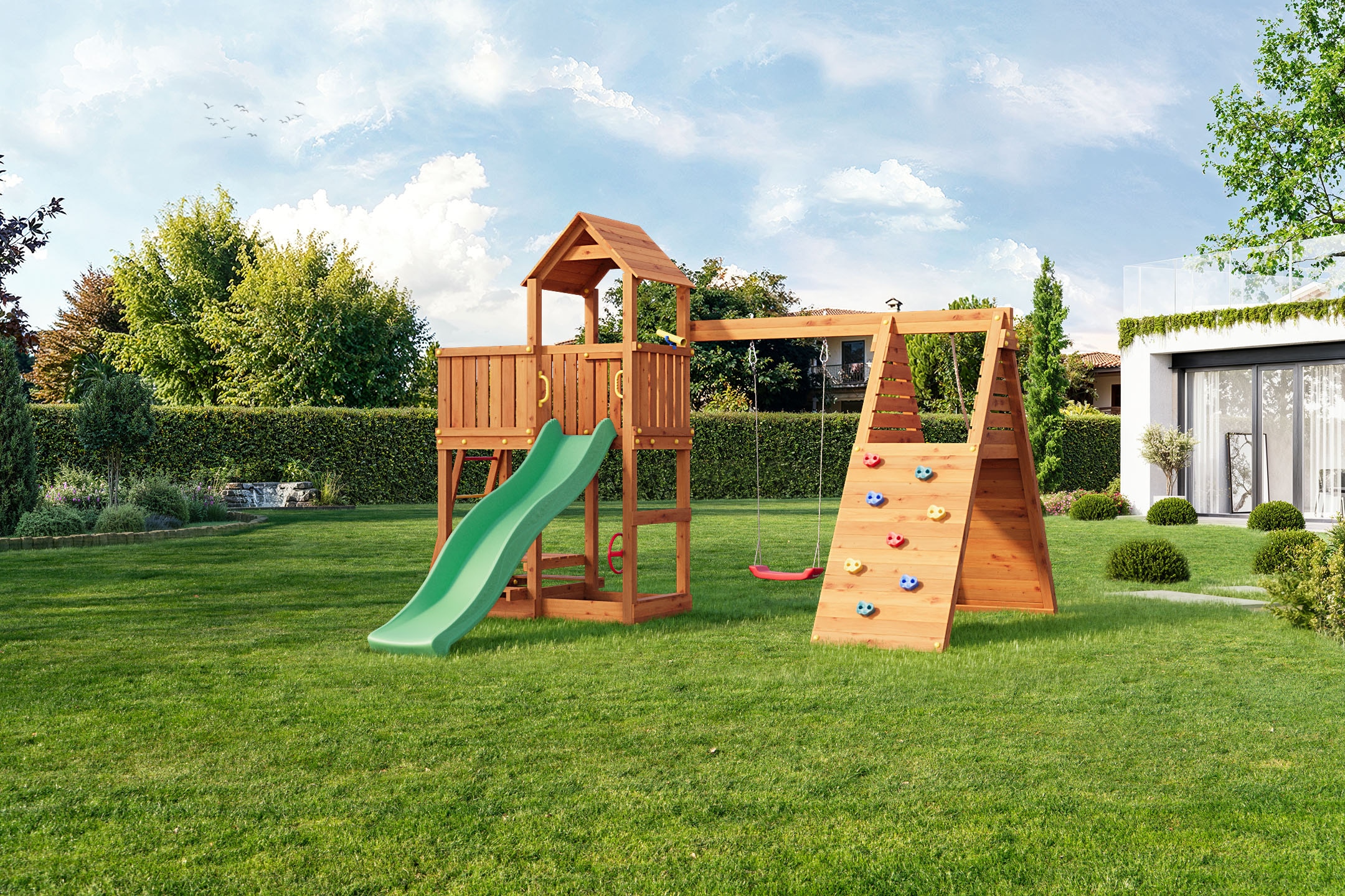 FUNGOO Spielturm »FLUPPI« mit Rutsche, Schaukel und Klettergerüst und Picknicktisch