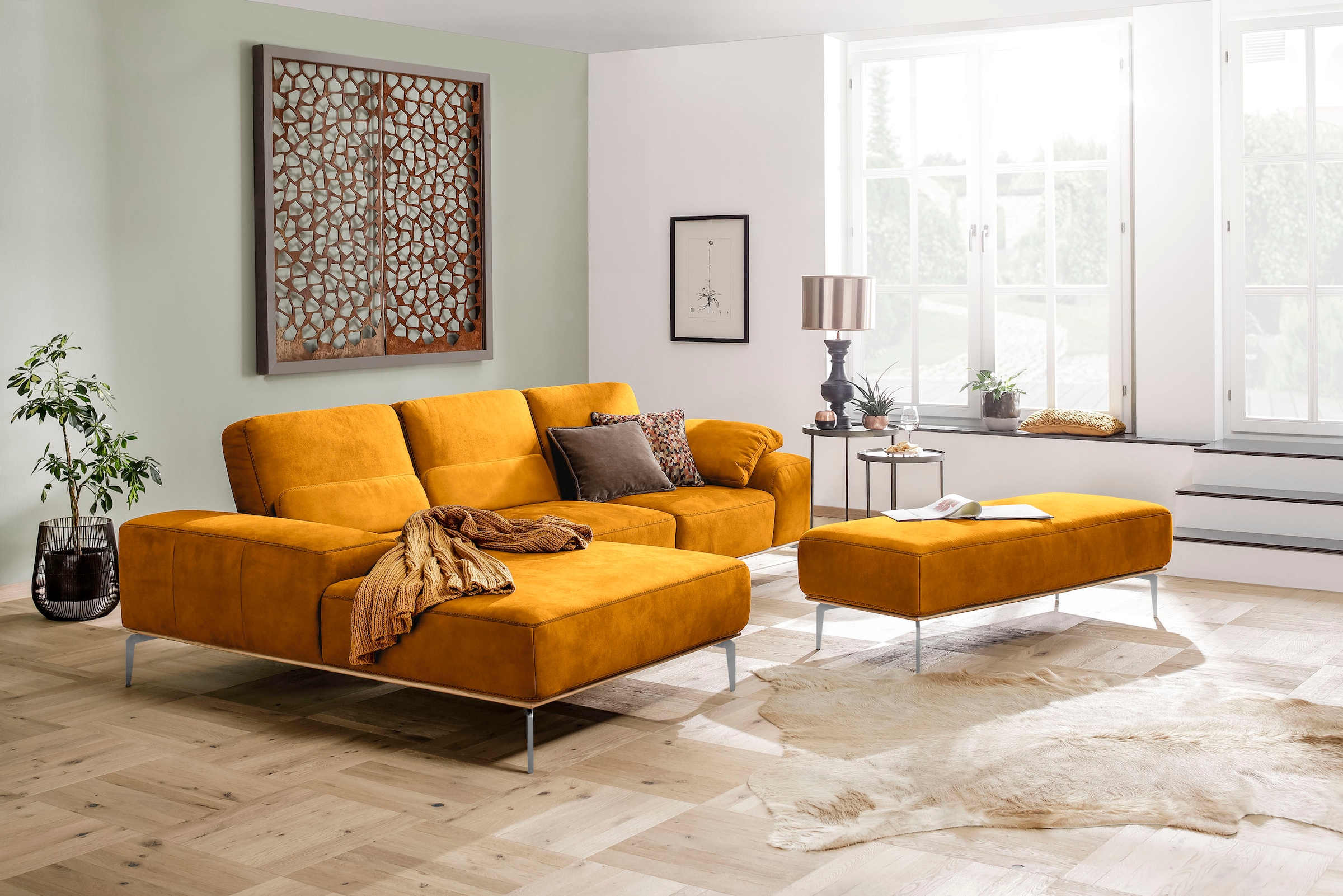 W.SCHILLIG Polsterhocker »run«, mit elegantem Holzsockel, Füße in Chrom glänzend, Breite 150 cm
