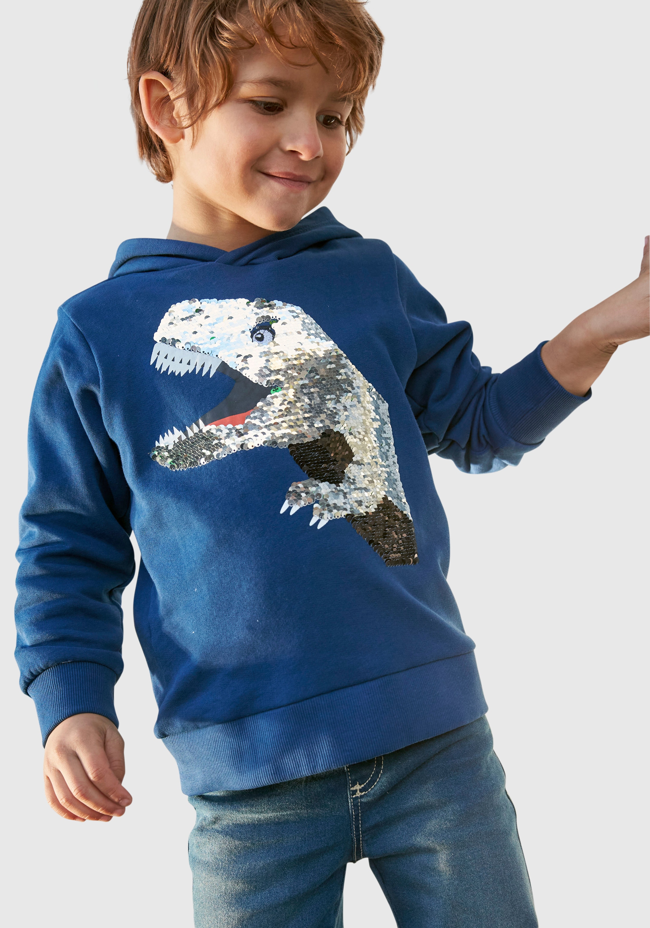 KIDSWORLD Kapuzensweatshirt »mit tollem Dino aus Wendepailletten«, Langarm, Basic-Passform, bedruckt, aus 100% Baumwolle