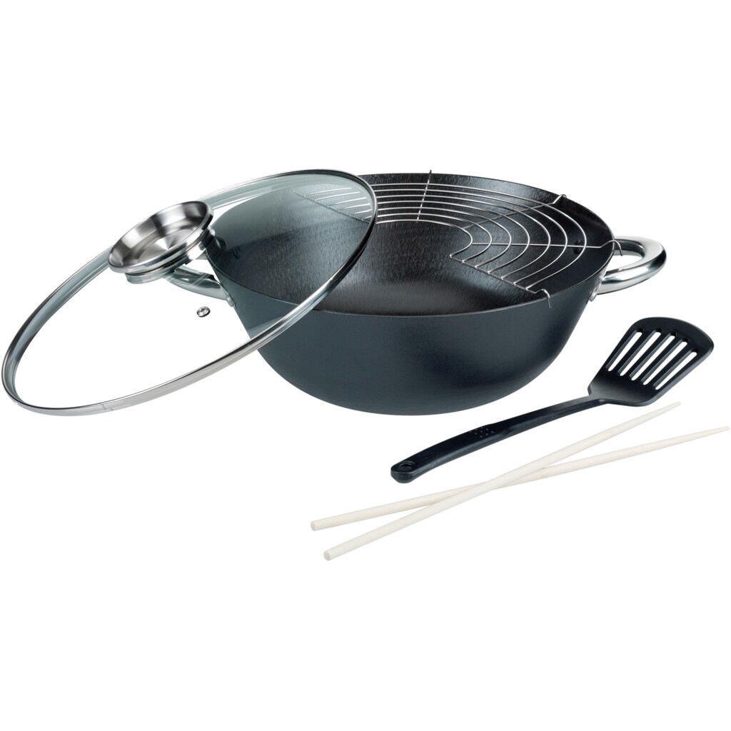 GSW Topf-Set »Gourmet Granit«, Aluminiumguss, (Set, 7 tlg., 3 Pfannen, 1 Bräter, 1 Multi-Wok, 1 Kochzange, 1 Pfannenwender)