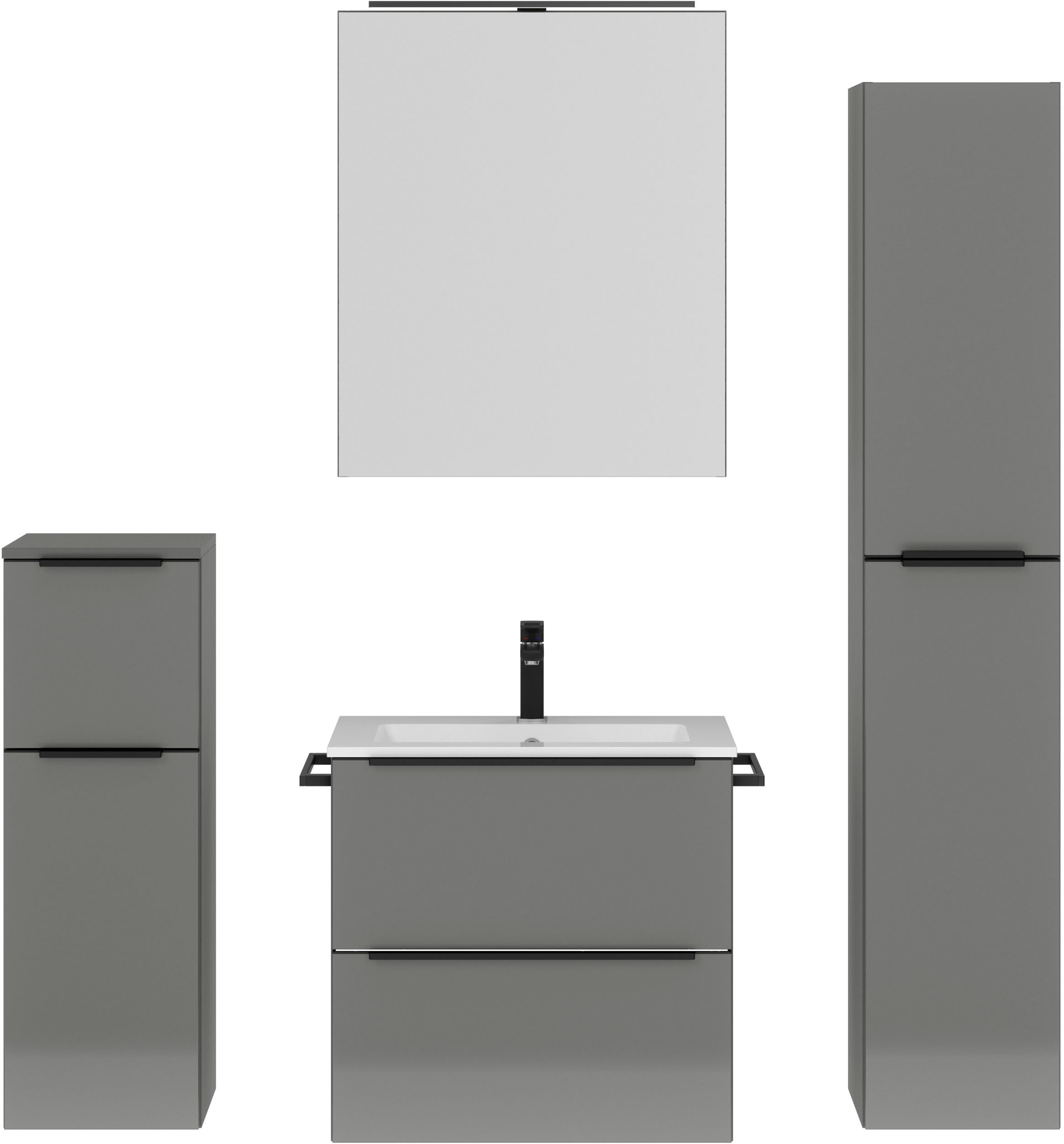 nobilia® Badmöbel-Set »Levere«, (4 St., vormontiert, mit Soft-Close), inkl. Spiegelschrank mit Beleuchtung und Dimmerfunktion, in 4 Breiten