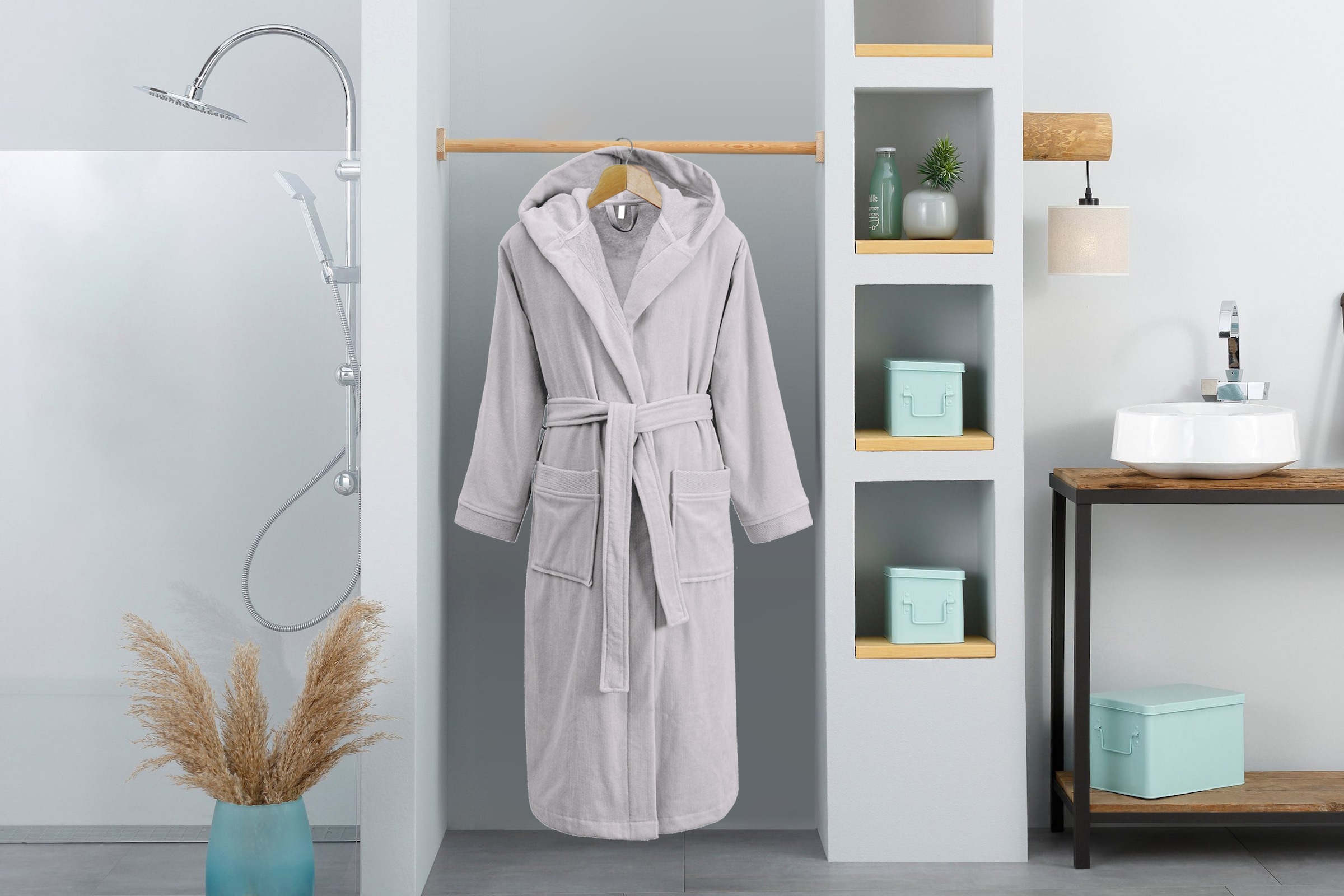 OTTO home Unisex-Bademantel »Fenya, 330 g/m², Premium, Hotelbademantel, Morgenmantel,  Sauna & Spa« 1 Stk. Reißverschlusstaschen, weich mit GRATIS-Zugabe: 1x Duschtuch 70x140 cm