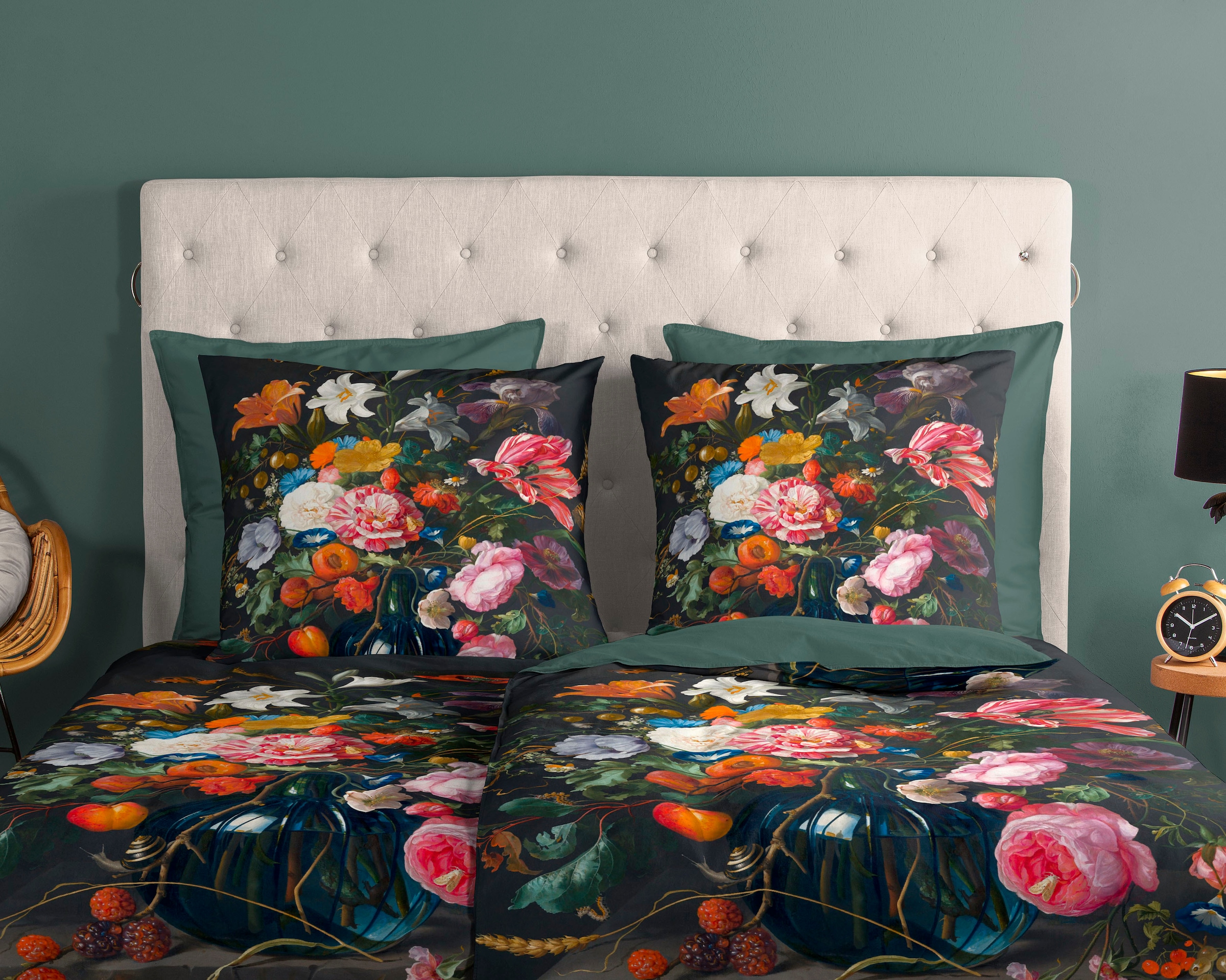 good morning Wendebettwäsche »Deja«, 100% Baumwolle, 135x200, Reißverschluss, Wendeoptik, Blumen, Schwarz