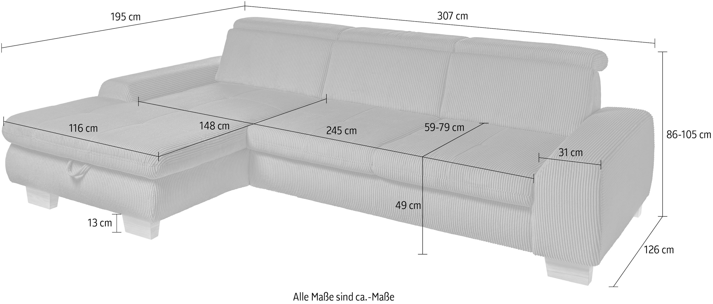 set one by Musterring Ecksofa »SO 3400, Cord, Sitzhöhe 47cm oder 49cm, inkl. Sitztiefenverstellung«, mit Canape und verschiedenen Funktionen, Kaltschaum, B307 x T195 cm