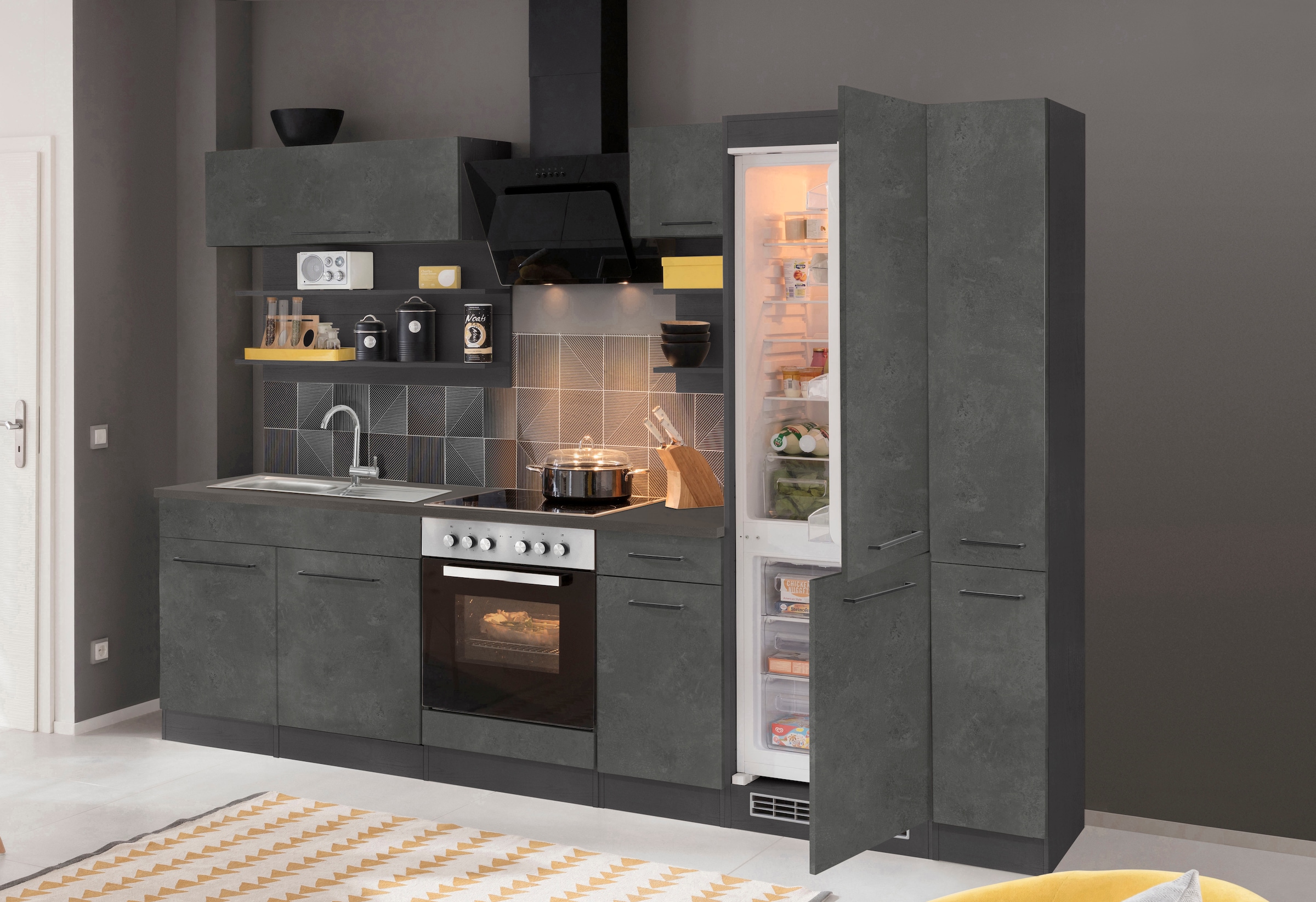 KOCHSTATION Küchenzeile »KS-Tulsa«, mit E-Geräten, Breite 300 cm, schwarze Metallgriffe, MDF Fronten