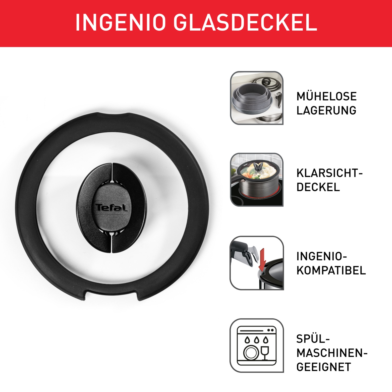Tefal Deckel »98491 Ingenio 16/18/20 cm«, (Set, 3 tlg.), hervorragend für Ingenio Töpfe, Glasdeckel mit Silikonrand,Klappgriffe