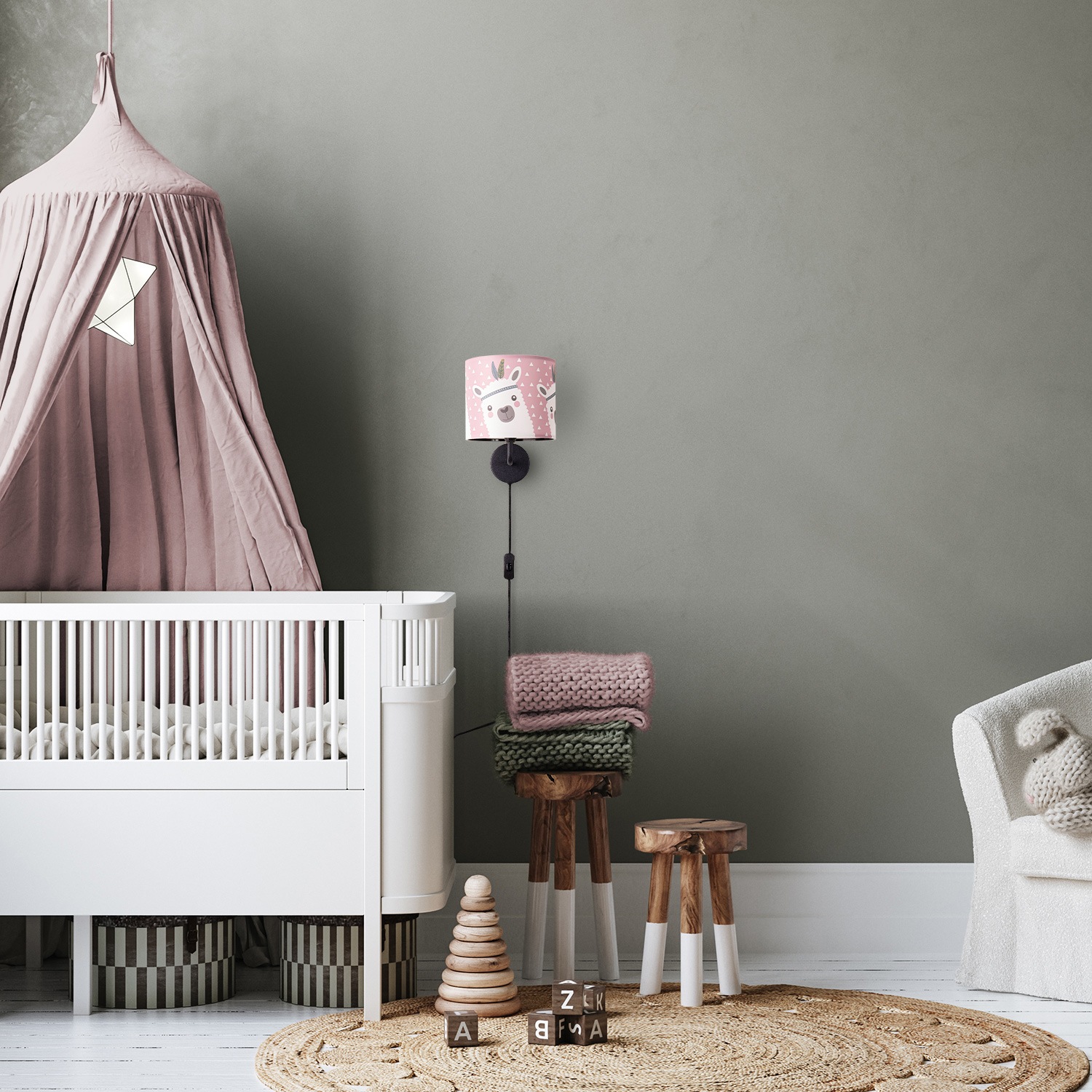 Paco Home Wandleuchte »Ela 214«, 1 flammig, Leuchtmittel E14 | ohne Leuchtmittel, Kinderlampe Wandlampe Mit Schalter Ø…18cm Lama Rosa Grau Kabel 3m E14