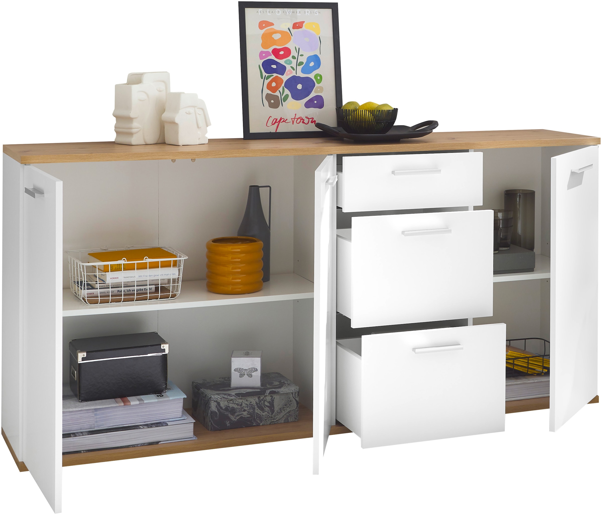 HBZ Kommode »BC1035 weiß matt, BxHxT 180x86x38 cm«, Sideboard mit 3 Türen, 3 Schubkästen, 2 Einlegeböden