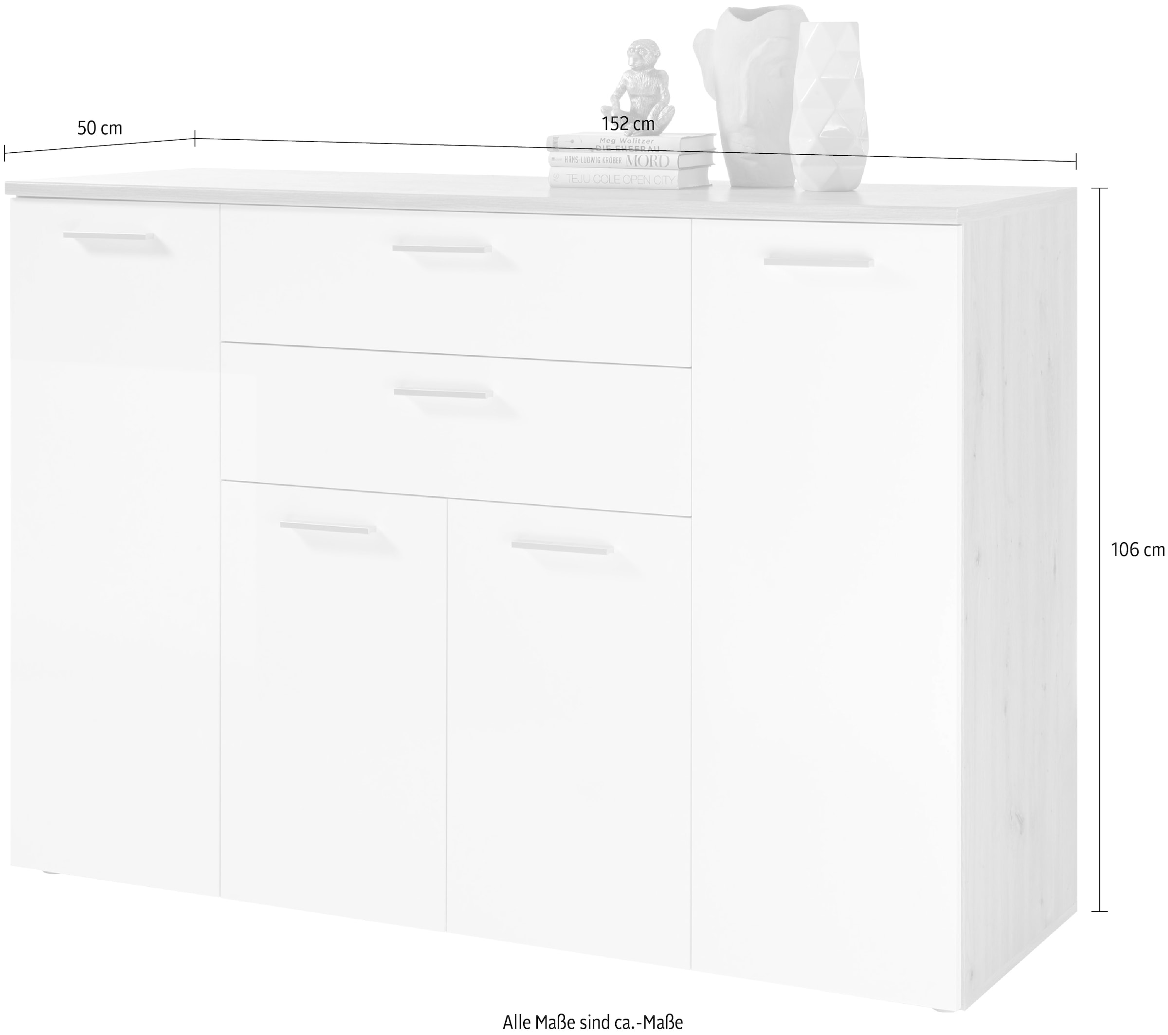 HBZ Kommode »Pablo weiß Glanz, BxHxT 152x106x50 cm«, Kommode mit 4 Türen, 2 Schubkästen, 5 Einlegeböden verstellbar