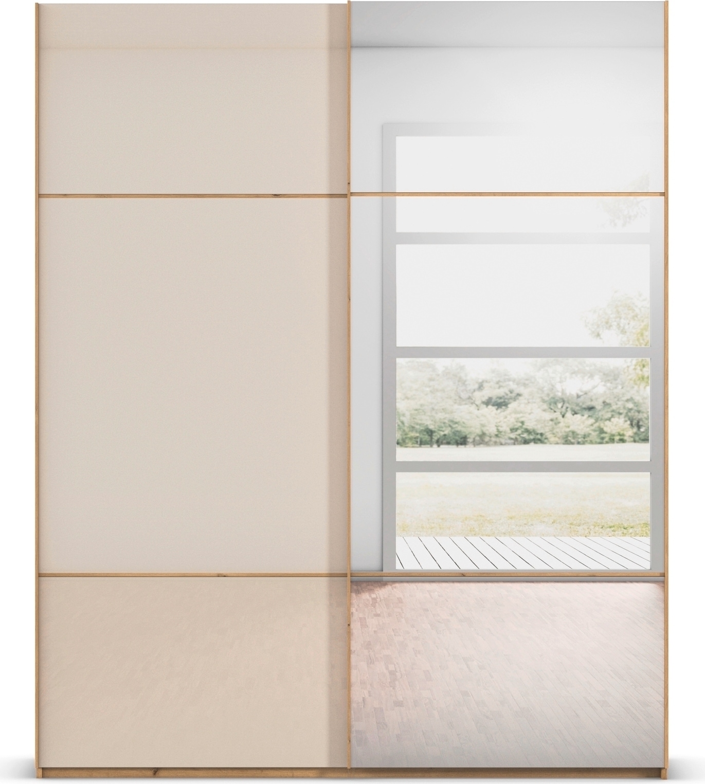 rauch Schwebetürenschrank »Kleiderschrank Schrank Garderobe Schlafzimmerschrank SCALE-TRIO«, edle dreigeteilte Front mit 2 Zierleisten Spiegel/Glas MADE IN GERMANY