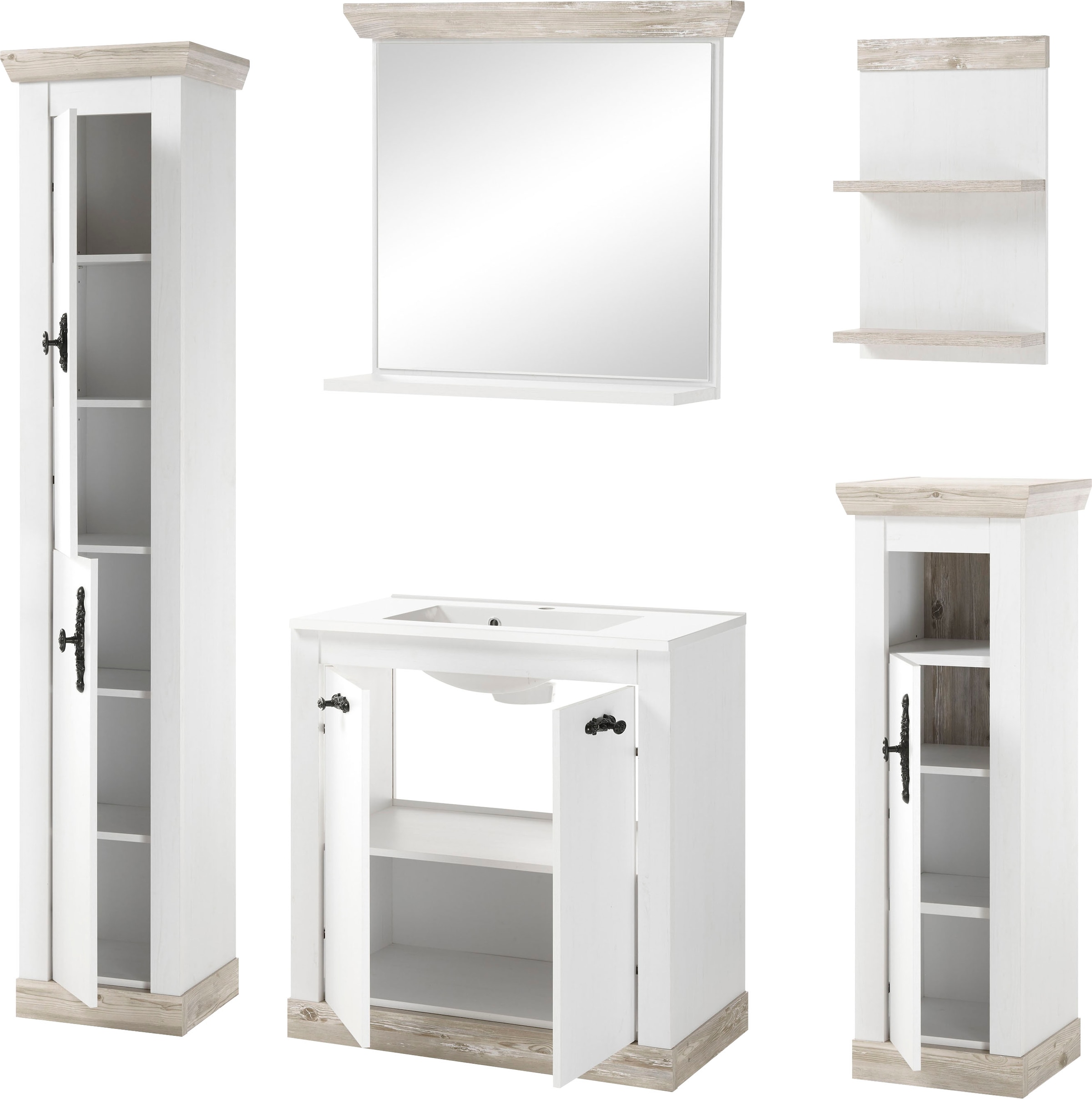 Home affaire Badmöbel-Set »Florenz, Bad im Landhausstil, 5-teiliges Badezimmer«, (5 St.), Waschtisch, Schränke, Wandregal und Spiegel, in Pinie Weiß, Stauraum