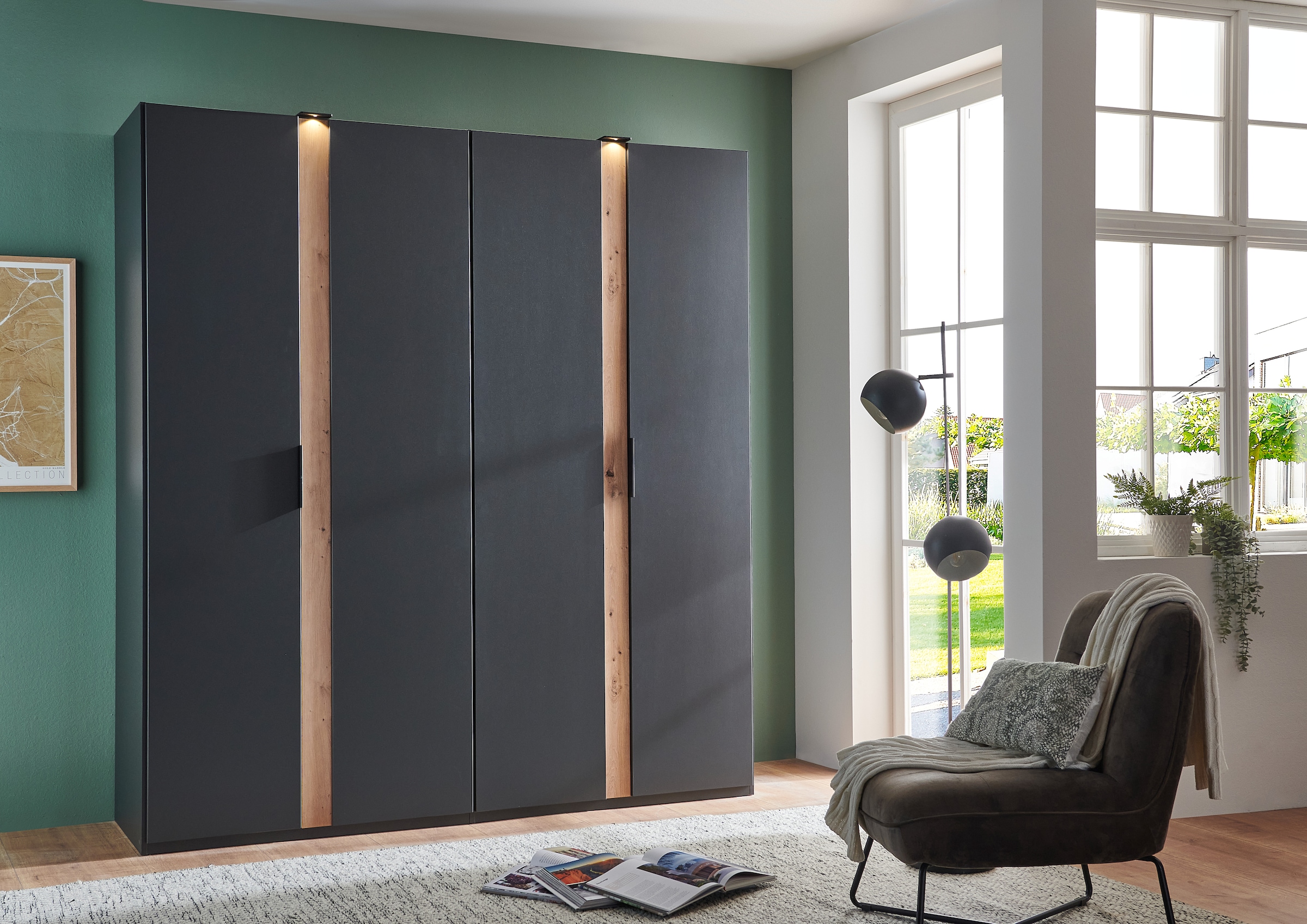 Wimex Drehtürenschrank »Rimini by fresh to go, weiß oder graphit mit schwarzen Metallgriffen«, inklusive LED Beleuchtung, 3 Breiten: 200, 250 oder 300cm, 216cm hoch