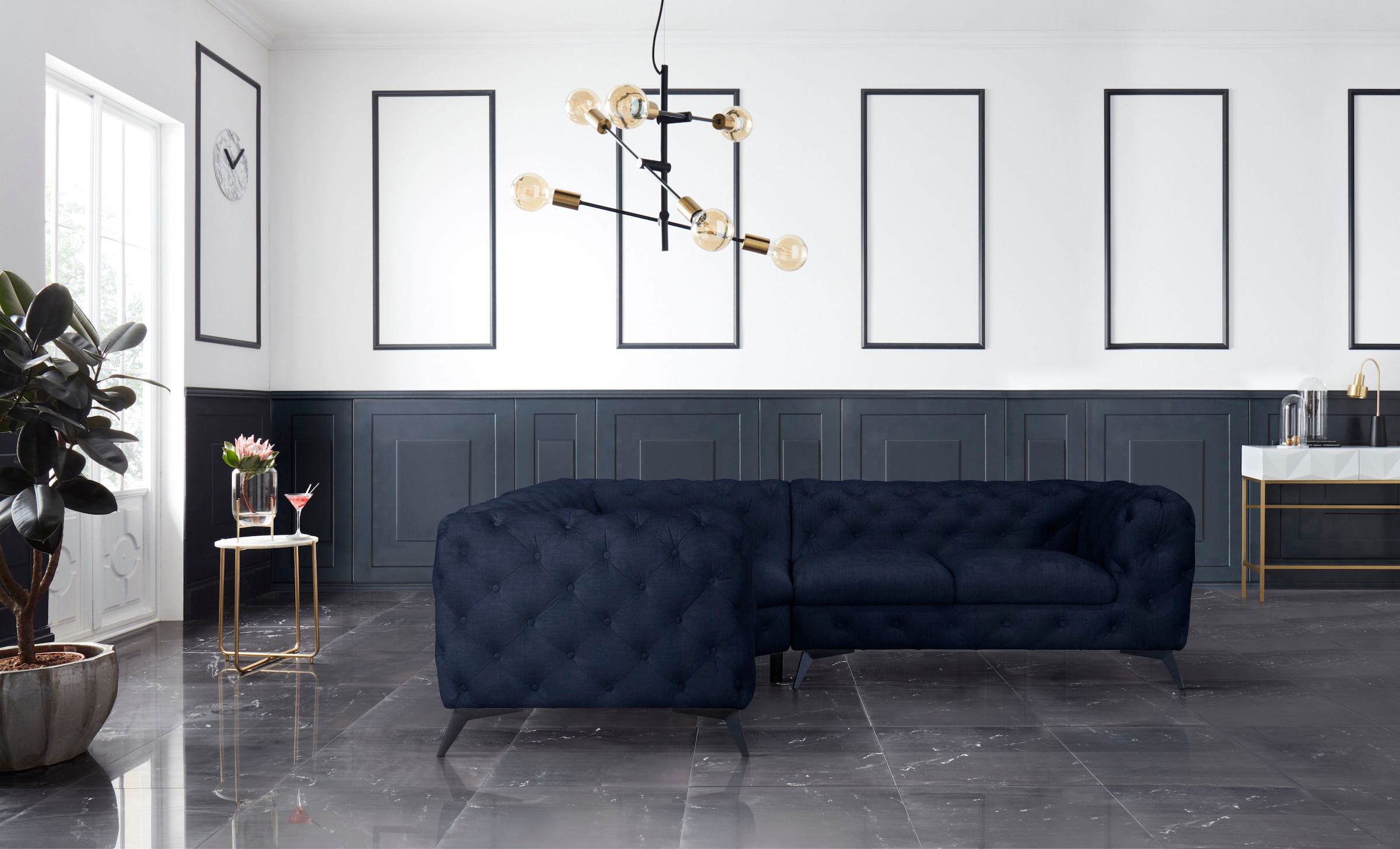 Leonique Chesterfield-Sofa »Ecksofa GLYNIS L-Form mit Wellenunterfederung, Maße B/T/H 264/204/75cm«, aufwändige Knopfheftung, moderne Chesterfield Optik, Fußfarbe wählbar