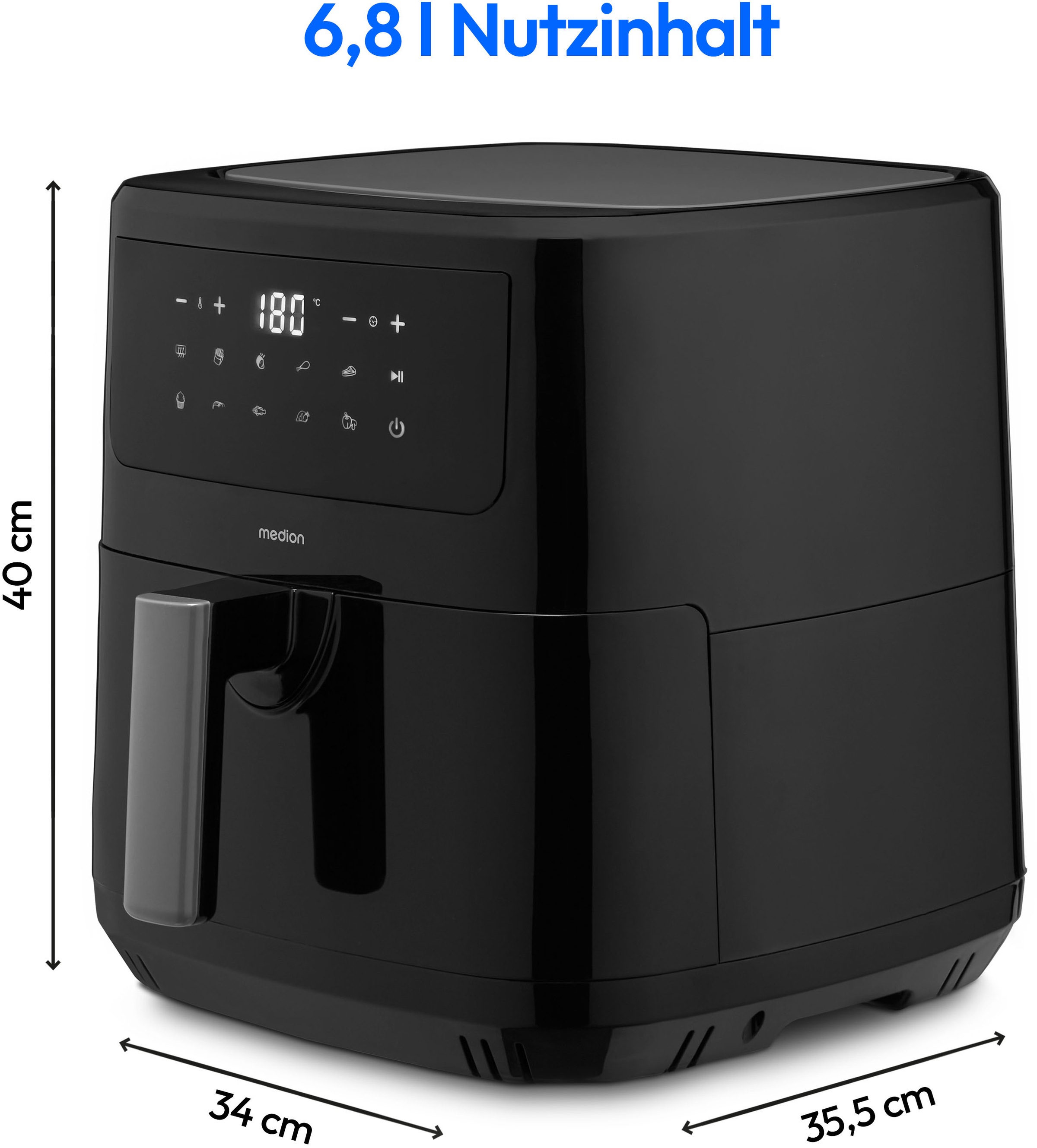 Medion® Heißluftfritteuse »P10 XL (MD 11750), 6,8 L Korbvolumen, 9 Automatikprogramme, Vorheizen«, 2000 W, Fassungsvermögen 6,8 l, Temperatur einstellbar 50 - 200 °C, ILAG Beschichtung, Timer