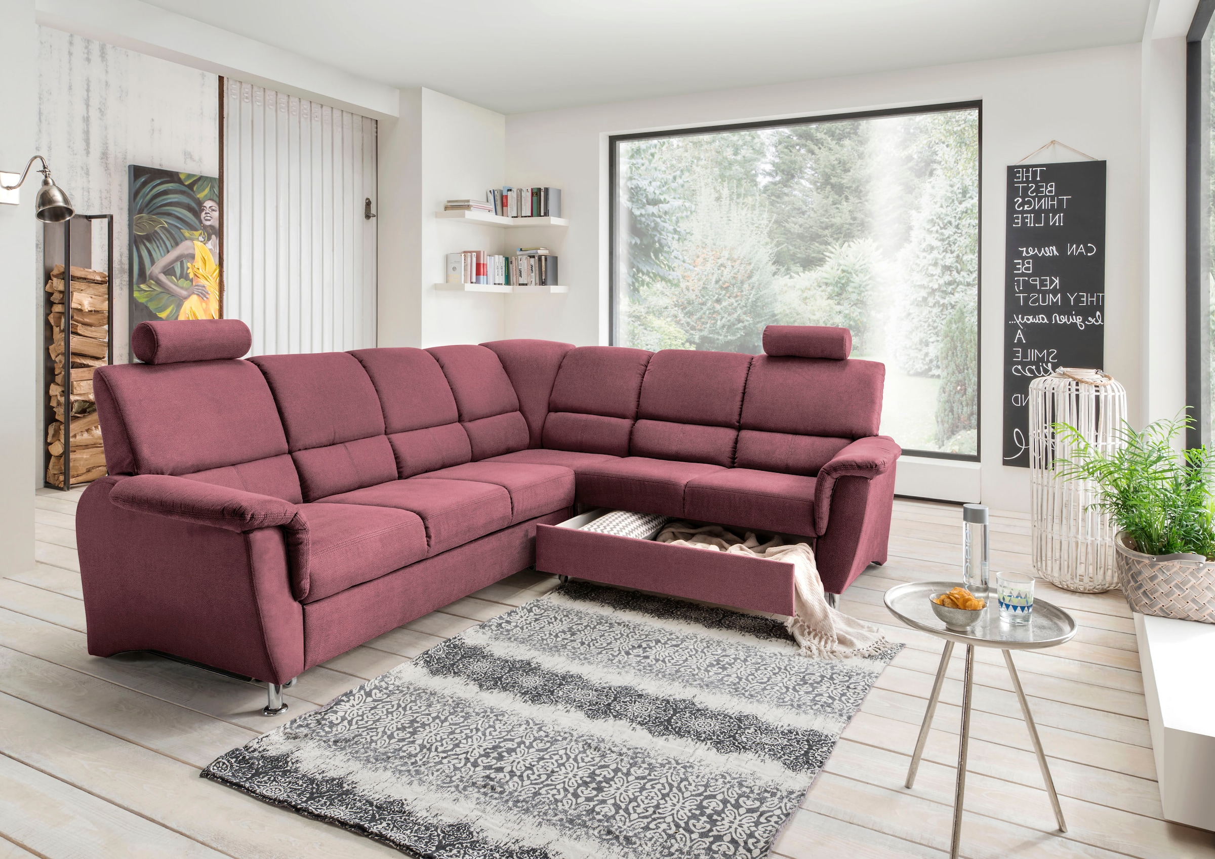 Home affaire Ecksofa »Pisa L-Form, mit Schlaffunktion, Stauraum, 2x höhenverstellbare«, Kopfstützen und Relaxfunktion im Eckelement