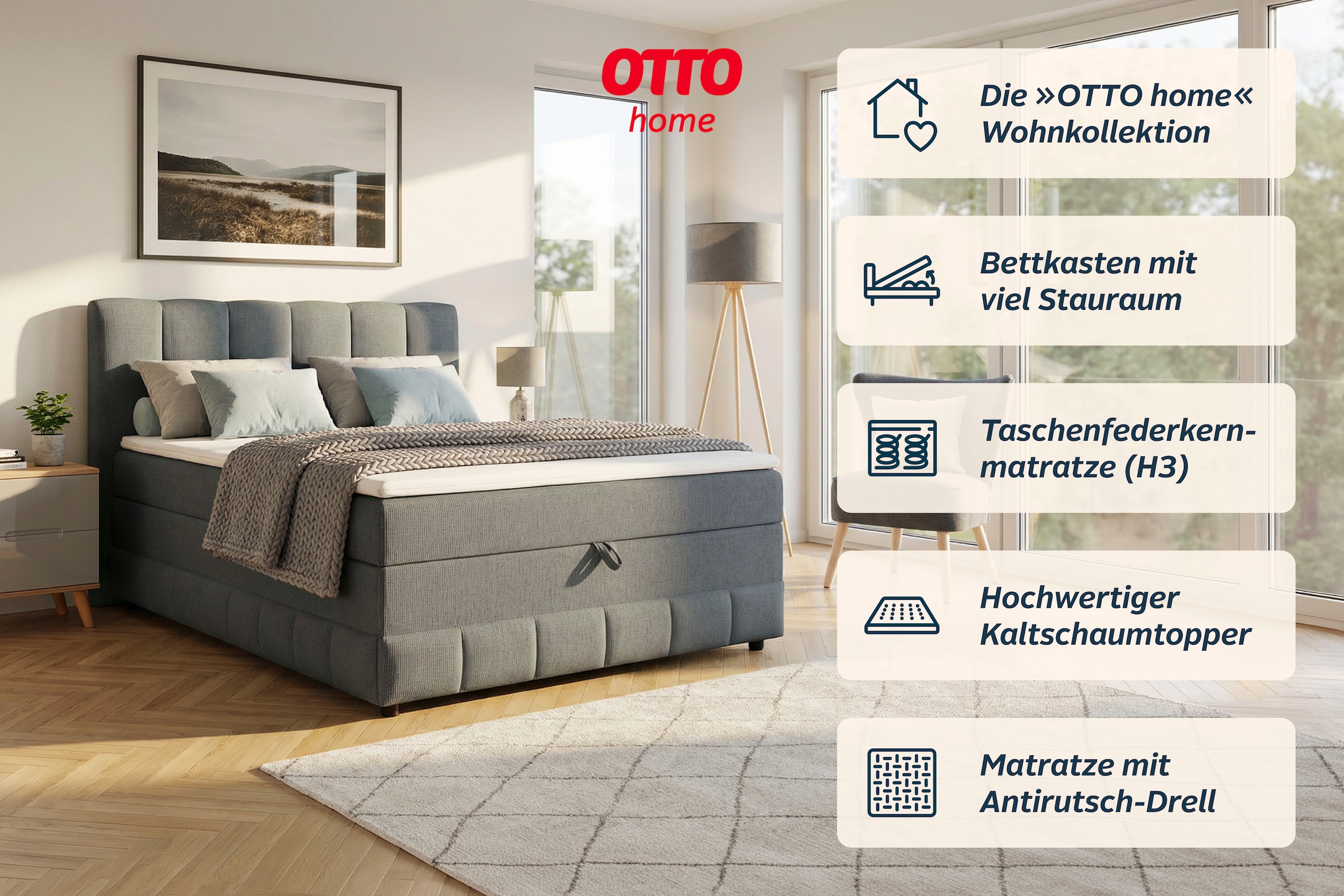 OTTO home Boxbett »LIKELY, Polsterbett mit Bettkasten, inkl. Taschenfederkernmatratze H3« mit Kaltschaumtopper, Strukturstoff-Bezug, 140x200 & 180x200 cm