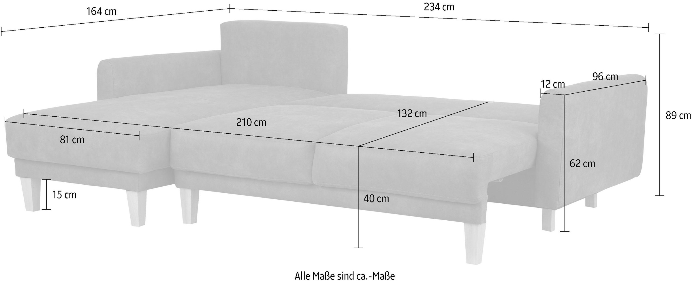 Home affaire Ecksofa »TRIPLO optionale Schlafsofa mit Bettkasten, Maße B/T/H: 234/164/89 cm«, L-Form wahlweise mit Bettfunktion - Liegefläche 132x210 cm