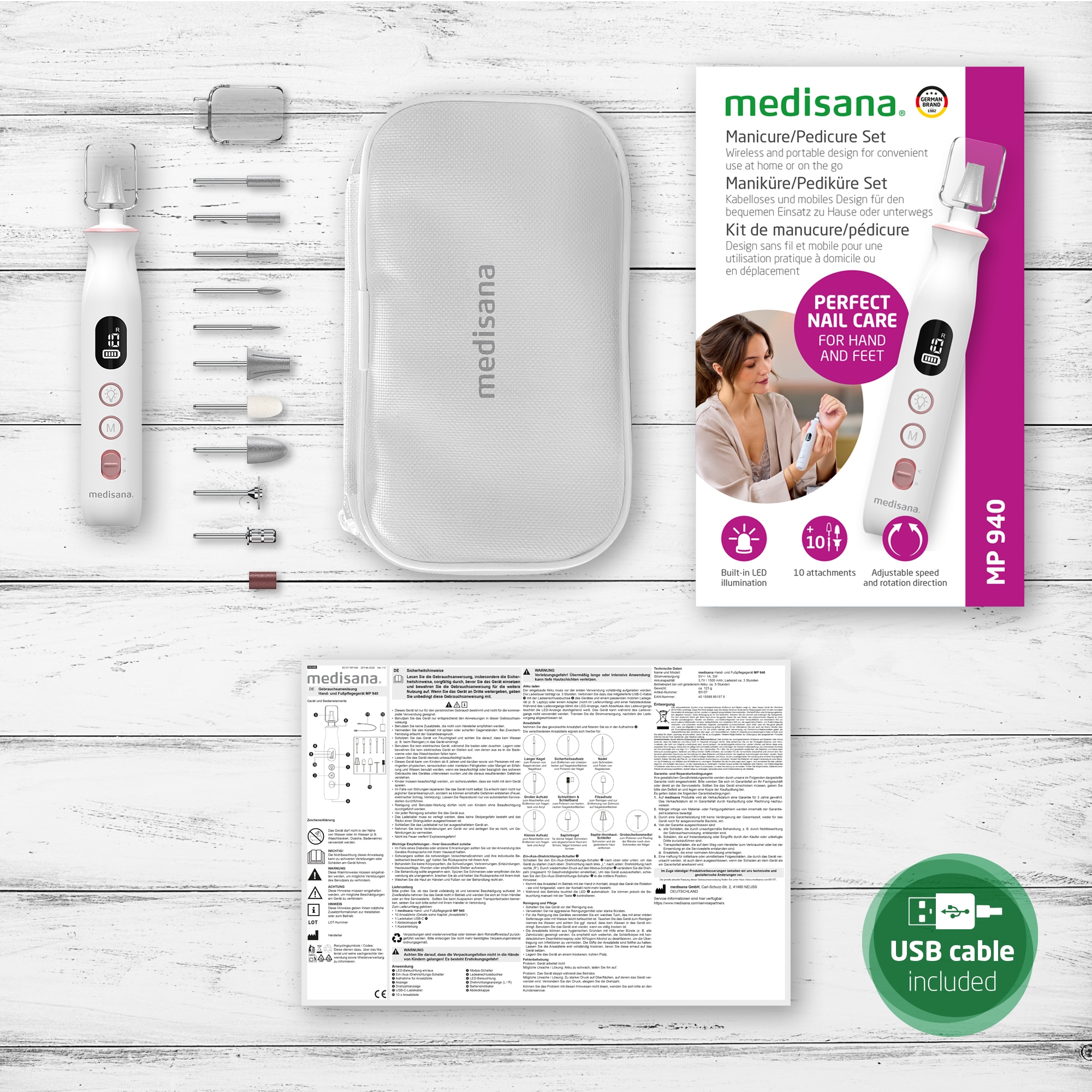 Medisana Maniküre-Pediküre-Set »MP 940«, (10 tlg.), 10 Aufsätze, für Nägel, Nagelhaut und Hornhaut, beleuchtet, aufladbar
