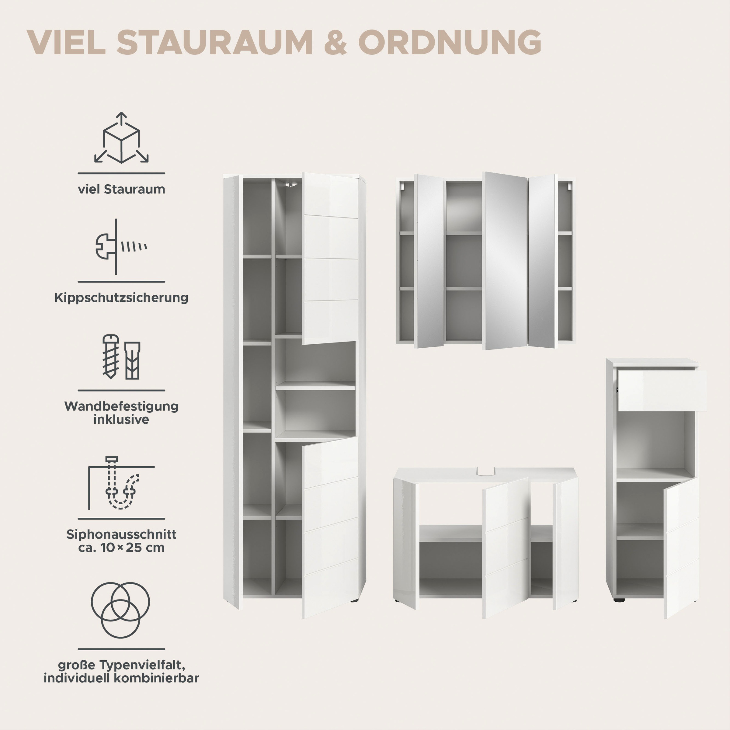 welltime Badmöbel-Set »Biel, Höhe 190 cm, Hochschrank, Unterschrank, Spiegelschrank«, (3 St.), Bad Set, modernes Design, Hochschrank, Unterschrank, Spiegel