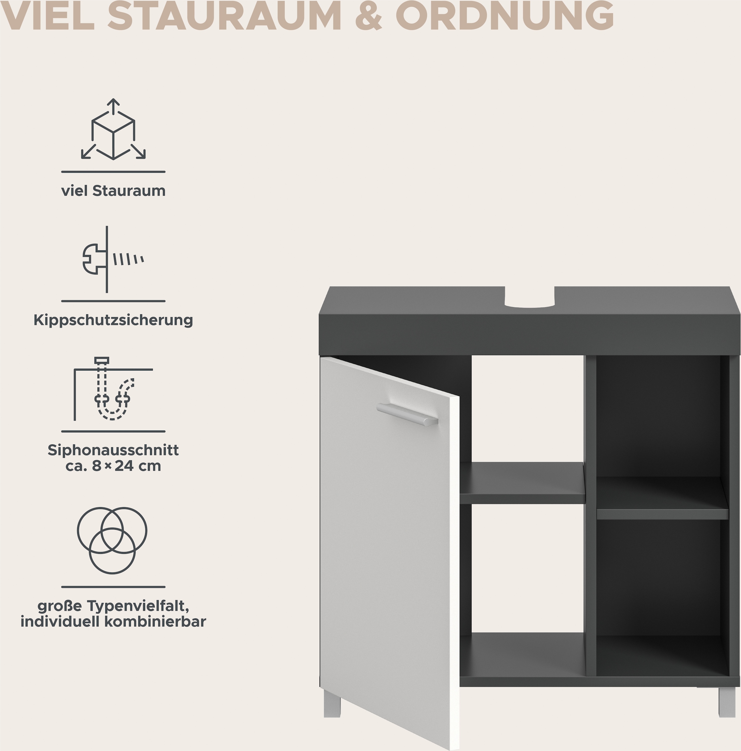 welltime Waschbeckenunterschrank »HANO,  Badezimmer, WBU, Waschtisch,  Kommode, Unterschrank« in 2 verschiedenen Farben und 2 verschiedenen Ausstattungen erhältlich,  1 Tür, 2 höhenverstellbare E-Böden, 4 Fächer, mit Siphonausschnitt