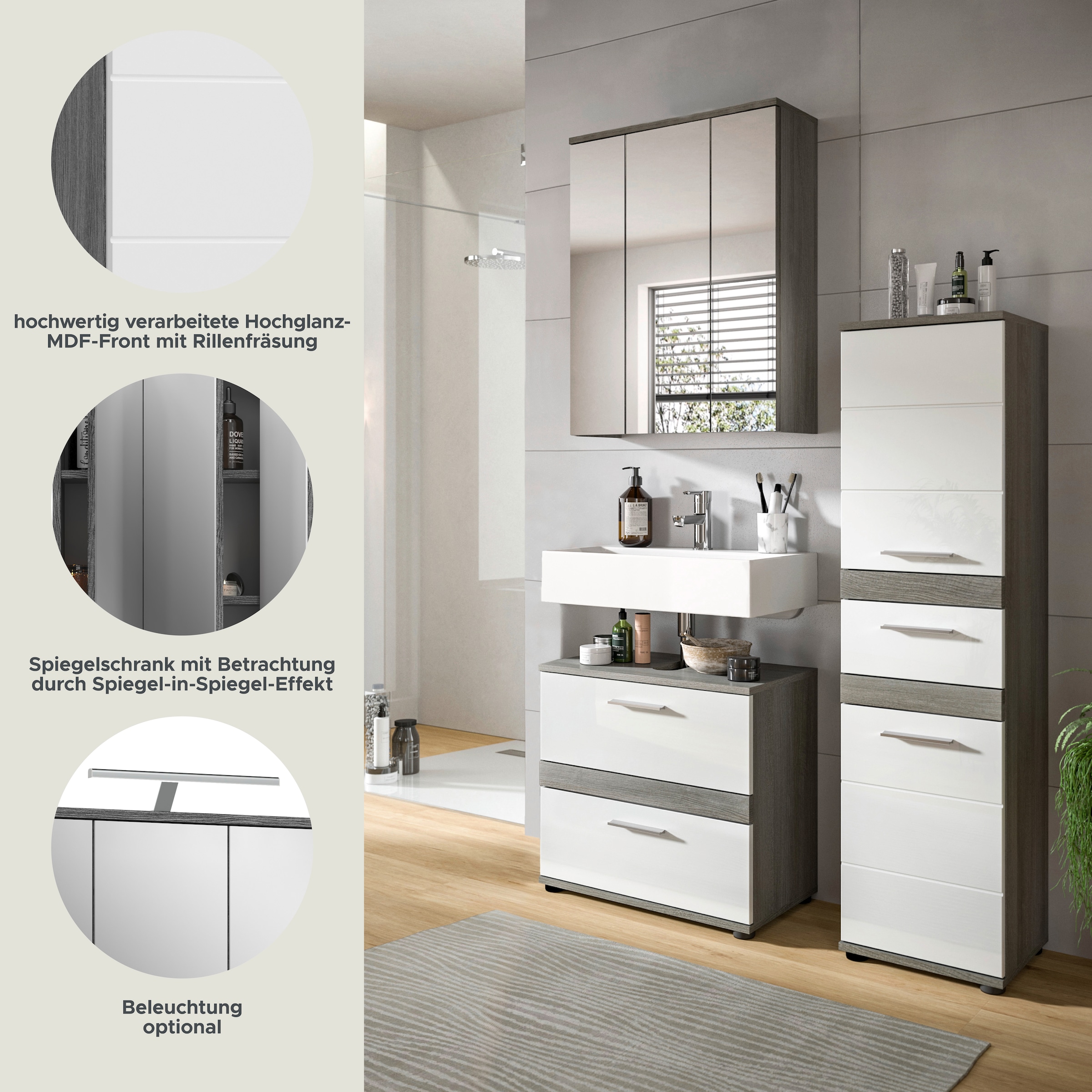welltime Badmöbel-Set »LUCCA, 3-teilig, TOPSELLER!, hochwertige MDF Front«, (Set, 3 St., best. aus: Waschbeckenunterschrank, Spiegelschrank, Hochschrank), Badkombination, Bad-Möbel, Badezimmer, Kombination, Kombi
