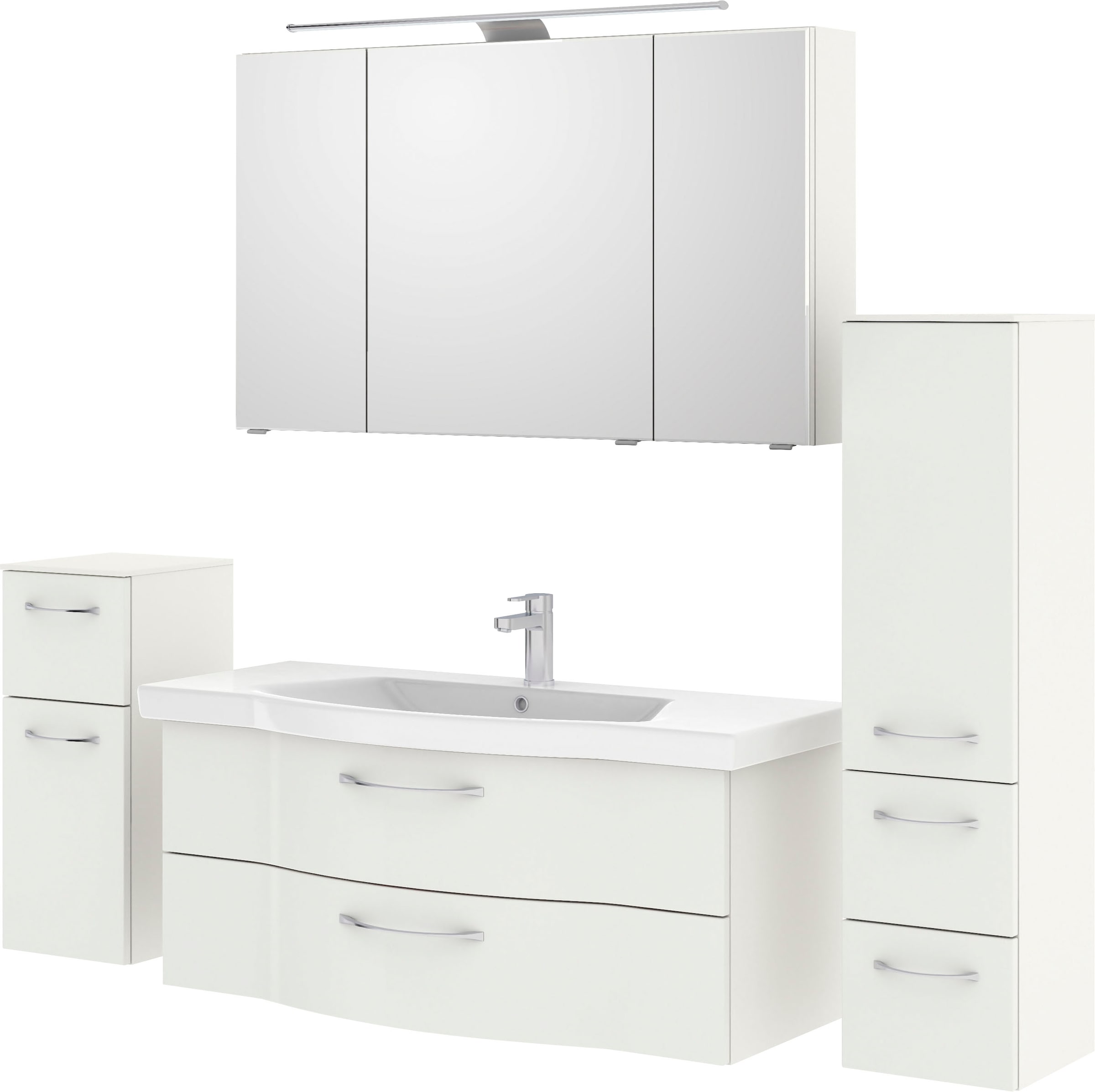 Saphir Badmöbel-Set »6005 Sprint 4-teilig, Keramik-Waschtisch mit LED-Spiegelschrank«, (5 St.), Unterschrank, Midischrank, inkl. Türdämpfer, 5 Türen, 5 Schubladen