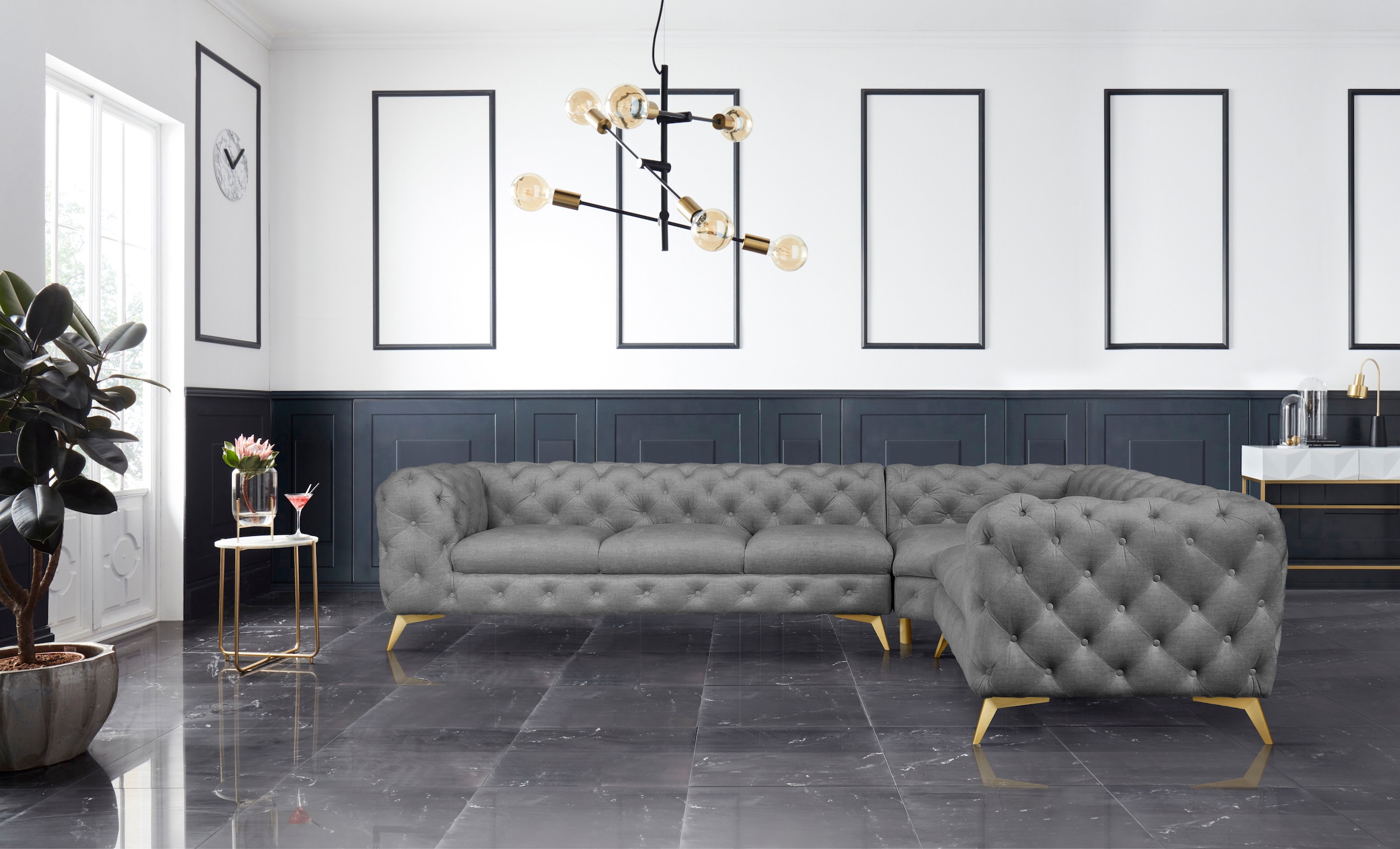 Leonique Chesterfield-Sofa »Ecksofa GLYNIS L-Form mit Wellenunterfederung, günstig online kaufen