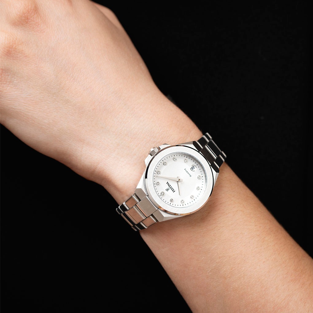 Festina Quarzuhr »Mademoiselle«, Armbanduhr, Damenuhr, Edelstahlarmband, analog, Tag, Zirkonia (synth.)