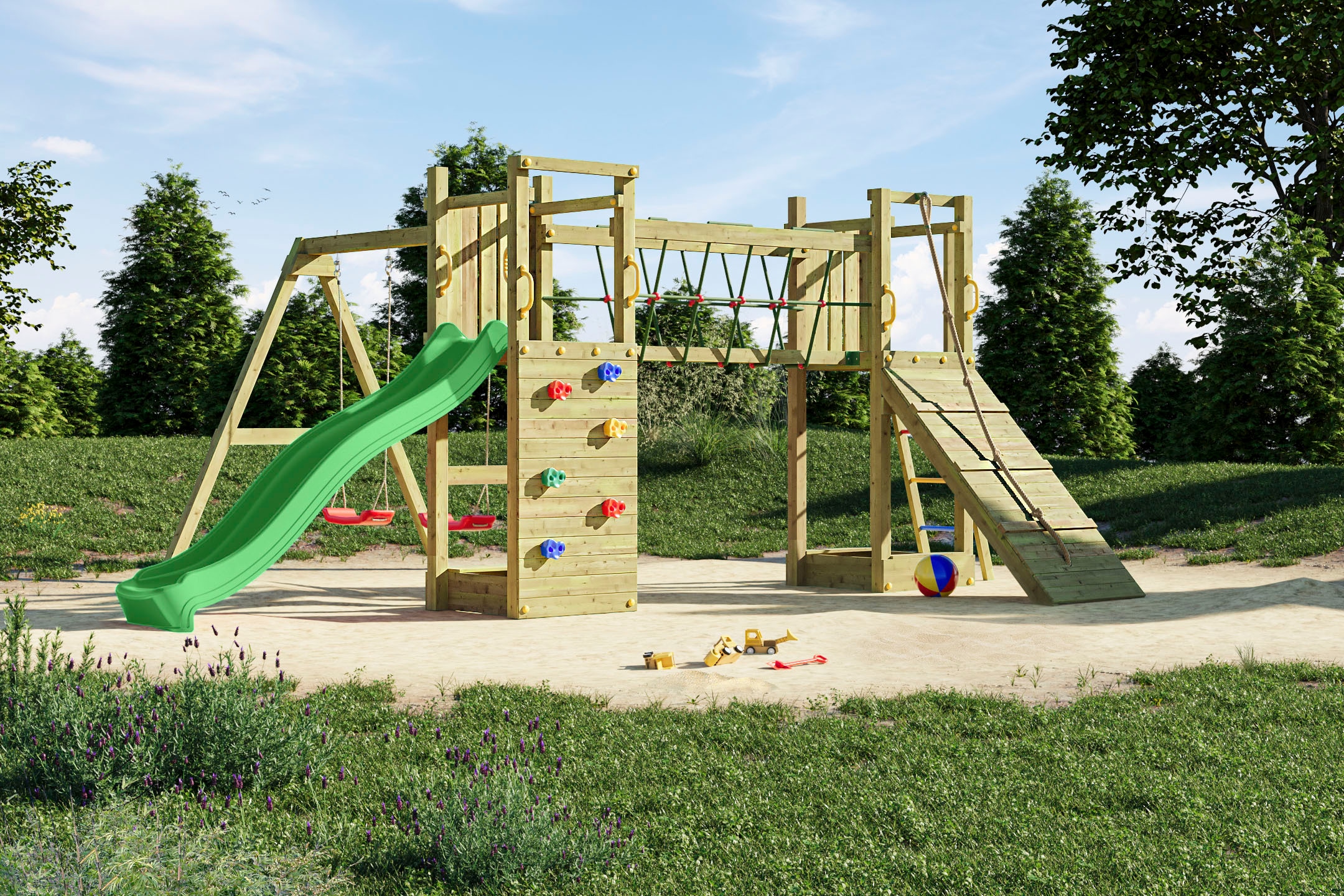 FUNGOO Spielturm »Maxi Funny Exposure«, Schaukel, Rutsche mit Wasseranschluss, Sandkasten, Brückenverbindung