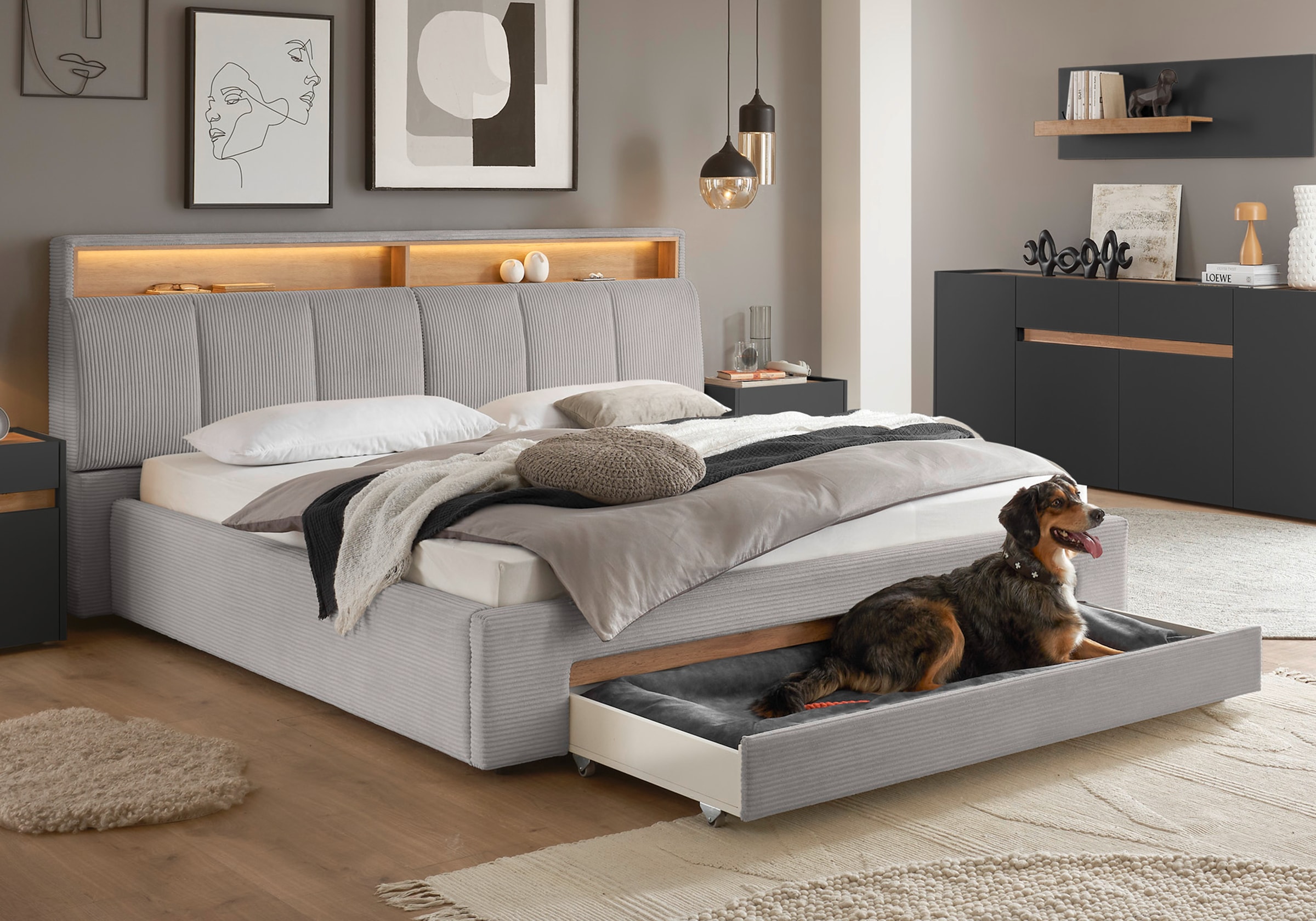 INOSIGN Polsterbett »CiTY/GiRON, gepolstertes Stauraumbett, mit LED Beleuchtung«, Bettkasten mit Hundebett oder als Stauraum, klappbare Kopfteile