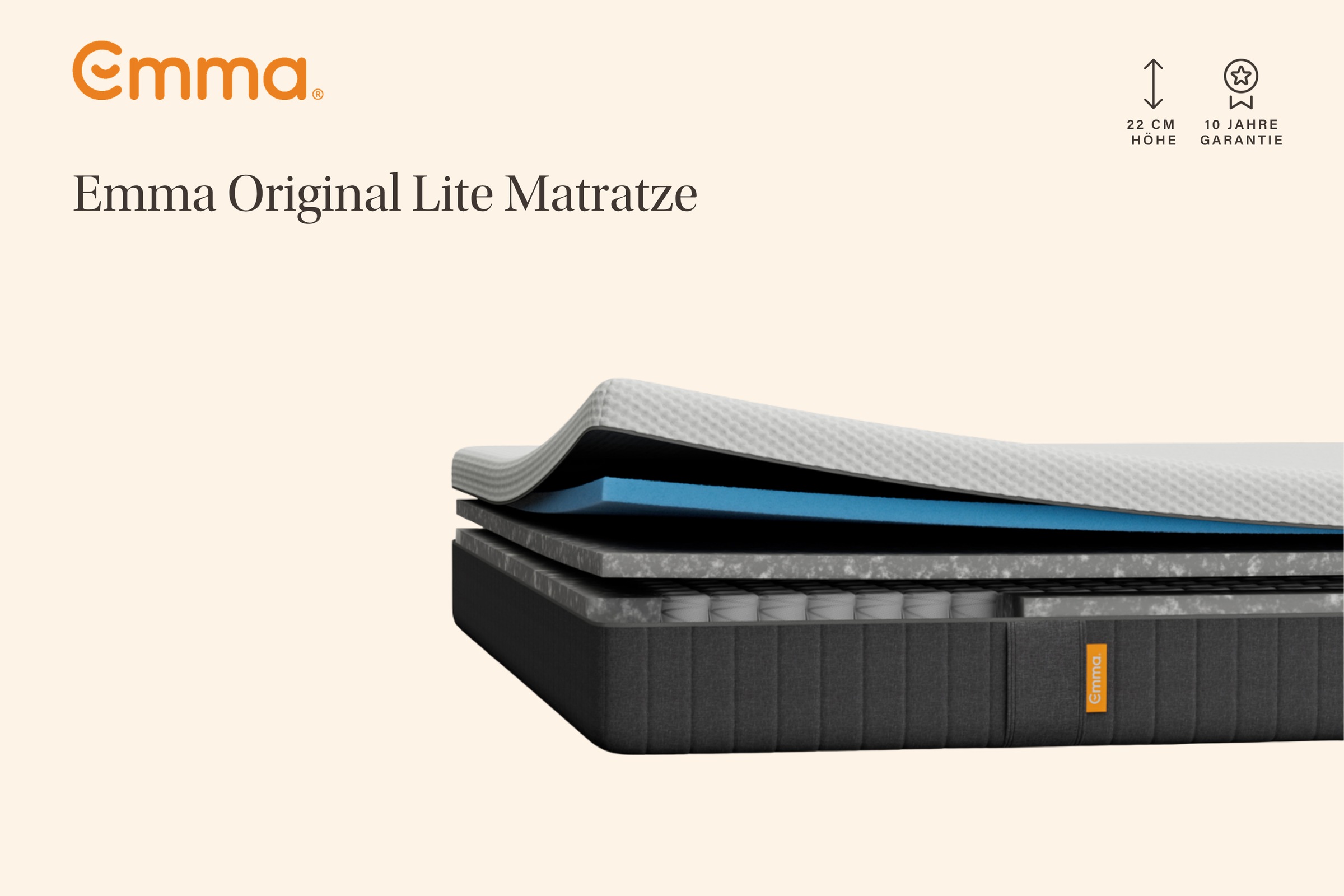 Emma Hybridmatratze »Emma Original Lite Matratze« 22 cm hoch 1 Stk. tlg. 3-Zonen-Federn, Airgocell®-Schaum, atmungsaktiv, waschbar, 22 cm.