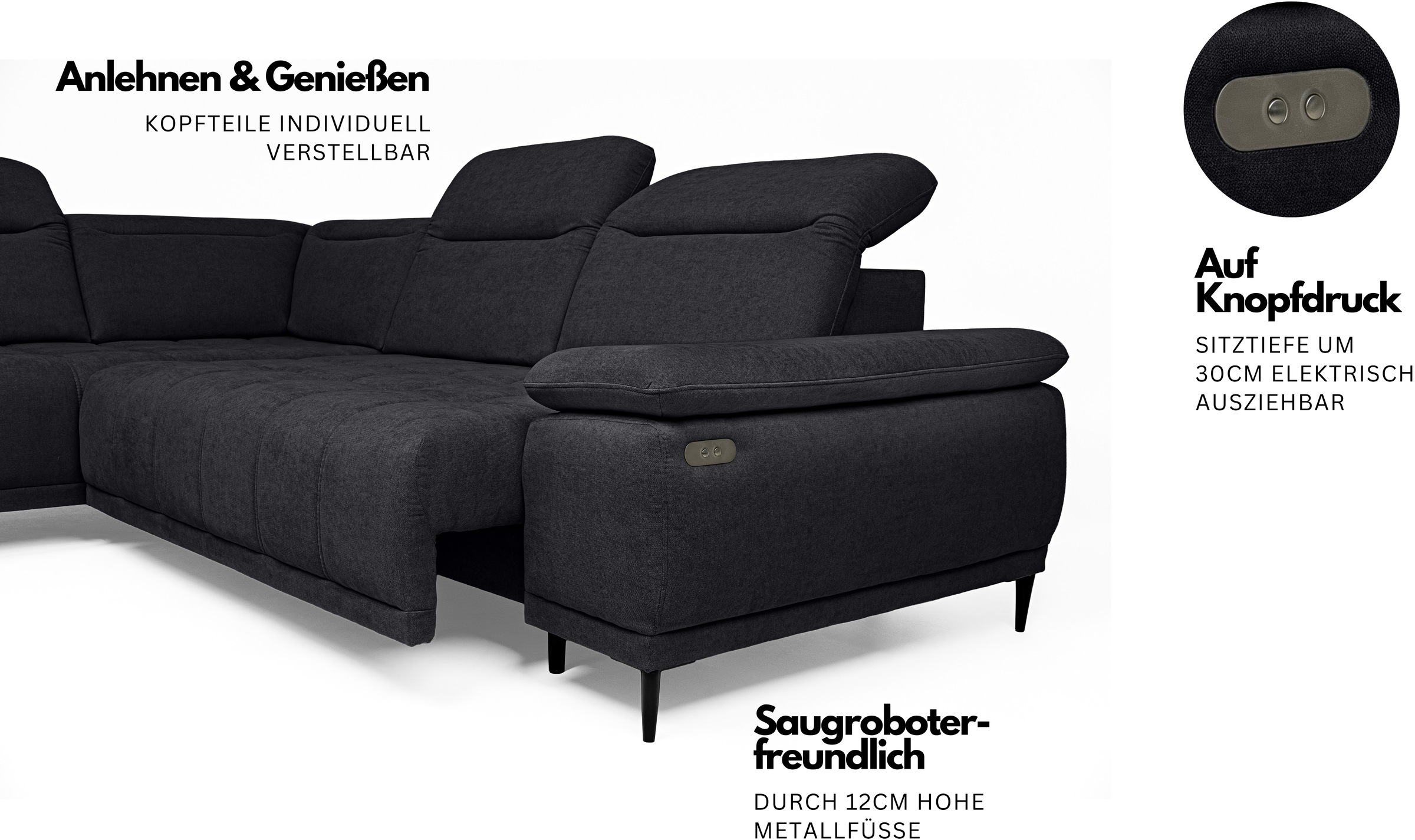 WERK2 Ecksofa »Focus-L, elektrisch erweiterbare Sitztiefe um ca. 30 cm, L-Form« Komfort nach Maß: Ausziehbare Sitztiefe, verstellbare Kopfteile & Füße