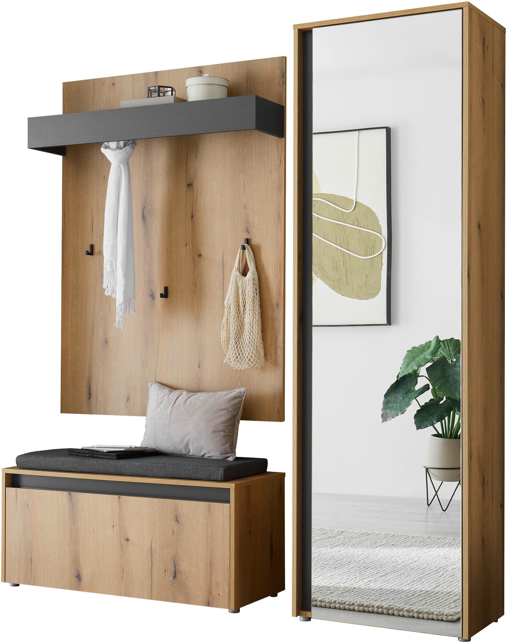 INOSIGN Garderoben-Set »GIRON/CiTY, moderne Garderobe, Komplettset mit viel Stauraum«, (Komplett-Set, 3 St.), enthält Garderobenschrank, Paneel, Schuhbank inkl. Sitzkissen