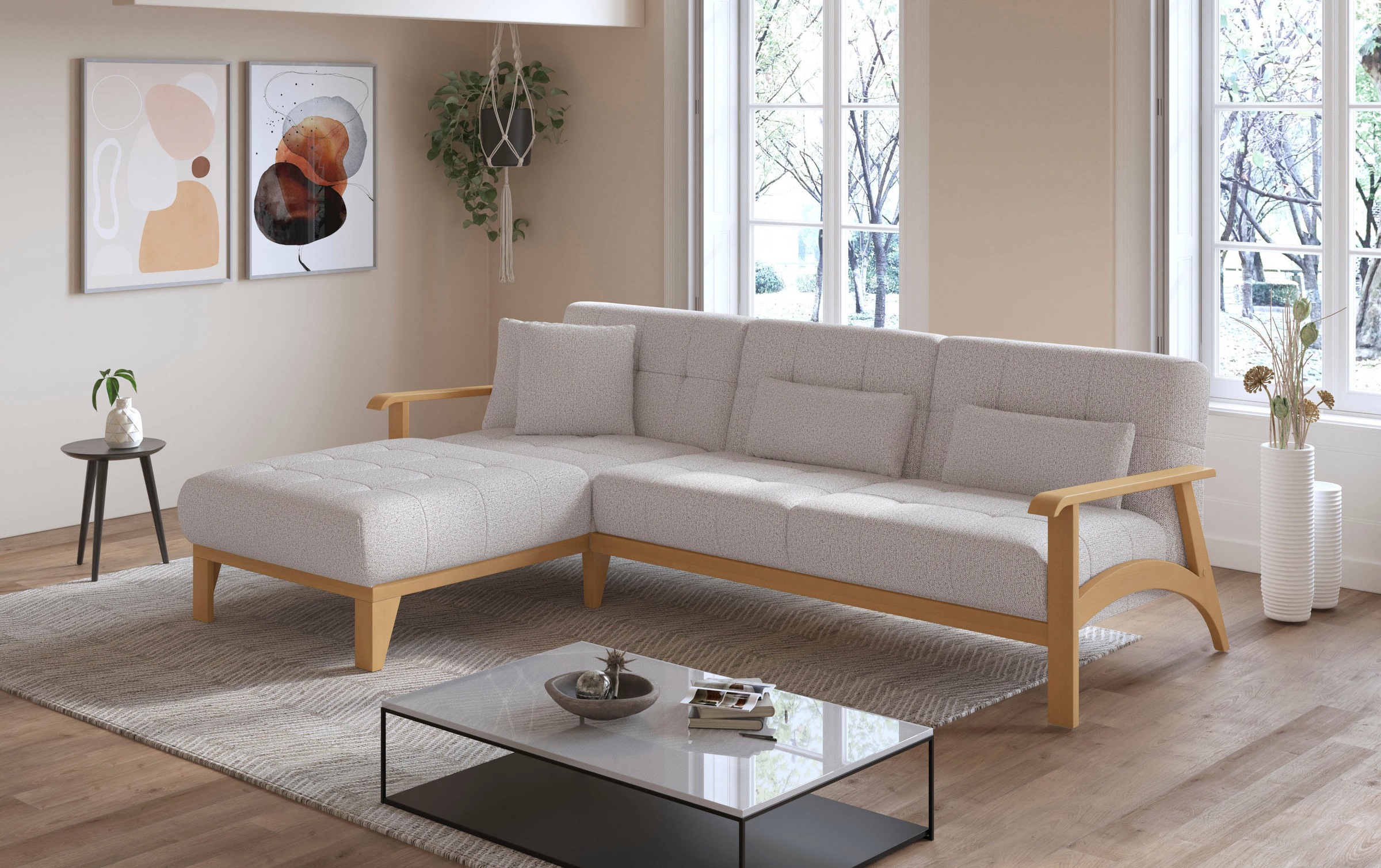 sit&more Ecksofa »Billund L-Form«, Armlehnen aus eichefarbigem Buchenholz, verschiedene Bezüge und Farben