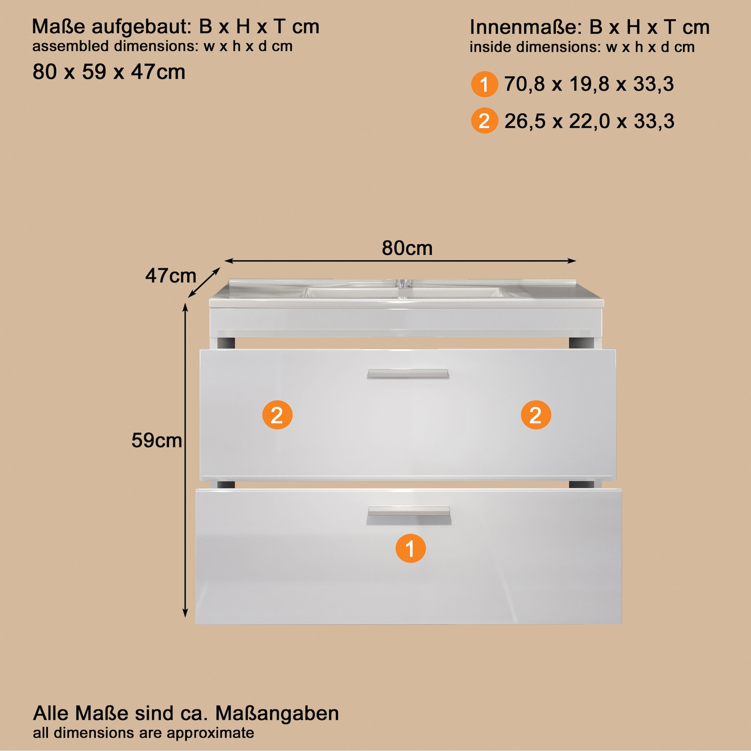 welltime Waschbeckenunterschrank »Dormoletto« Hänge-Waschbeckenunterschrank m. Becken - (B/T/H) 81/47/59 cm