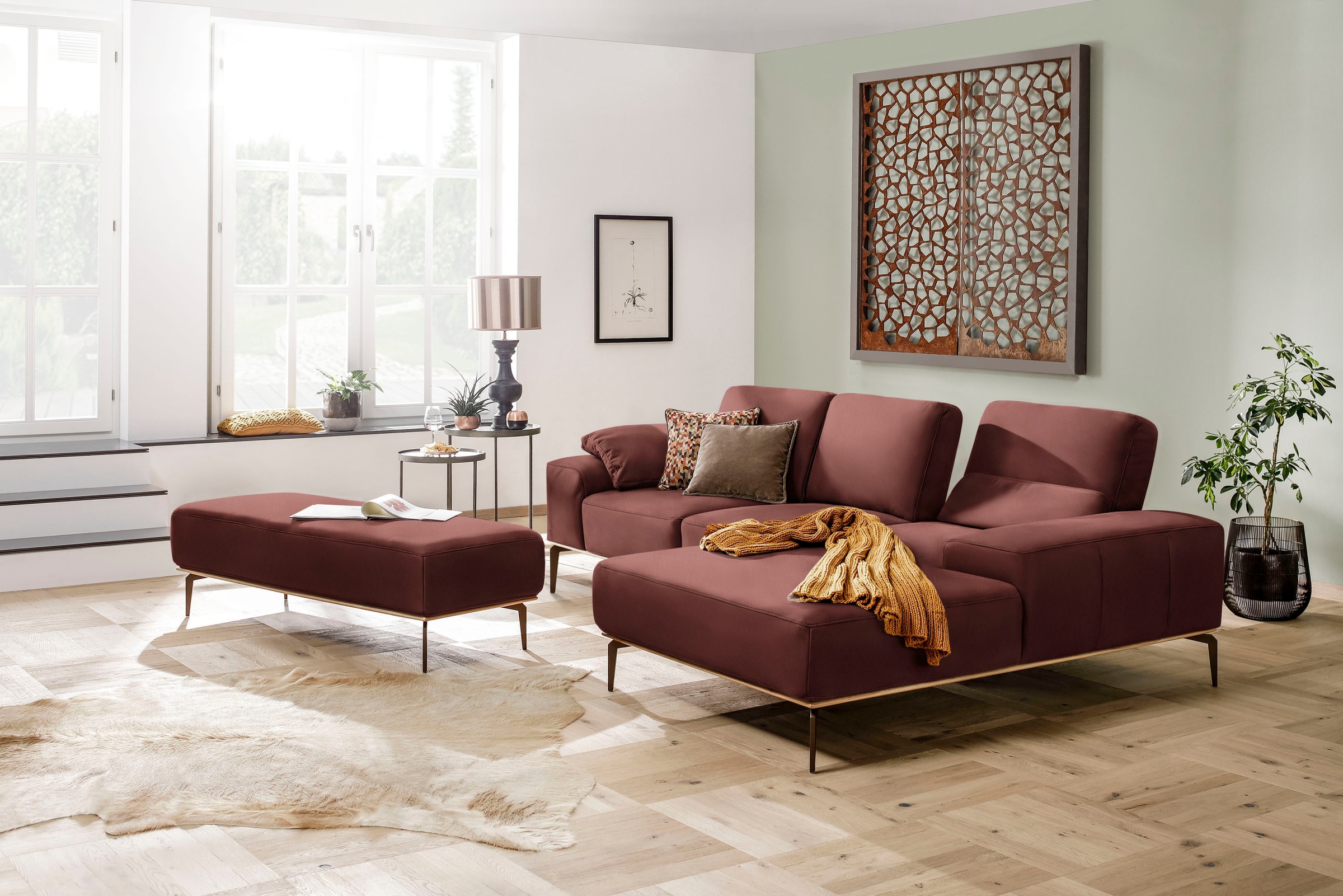 W.SCHILLIG Ecksofa »run, Designsofa mit tollem Sitzkomfort, bequem, L-Form«, mit Holzsockel, Füße in Bronze pulverbeschichtet, Breite 279 cm