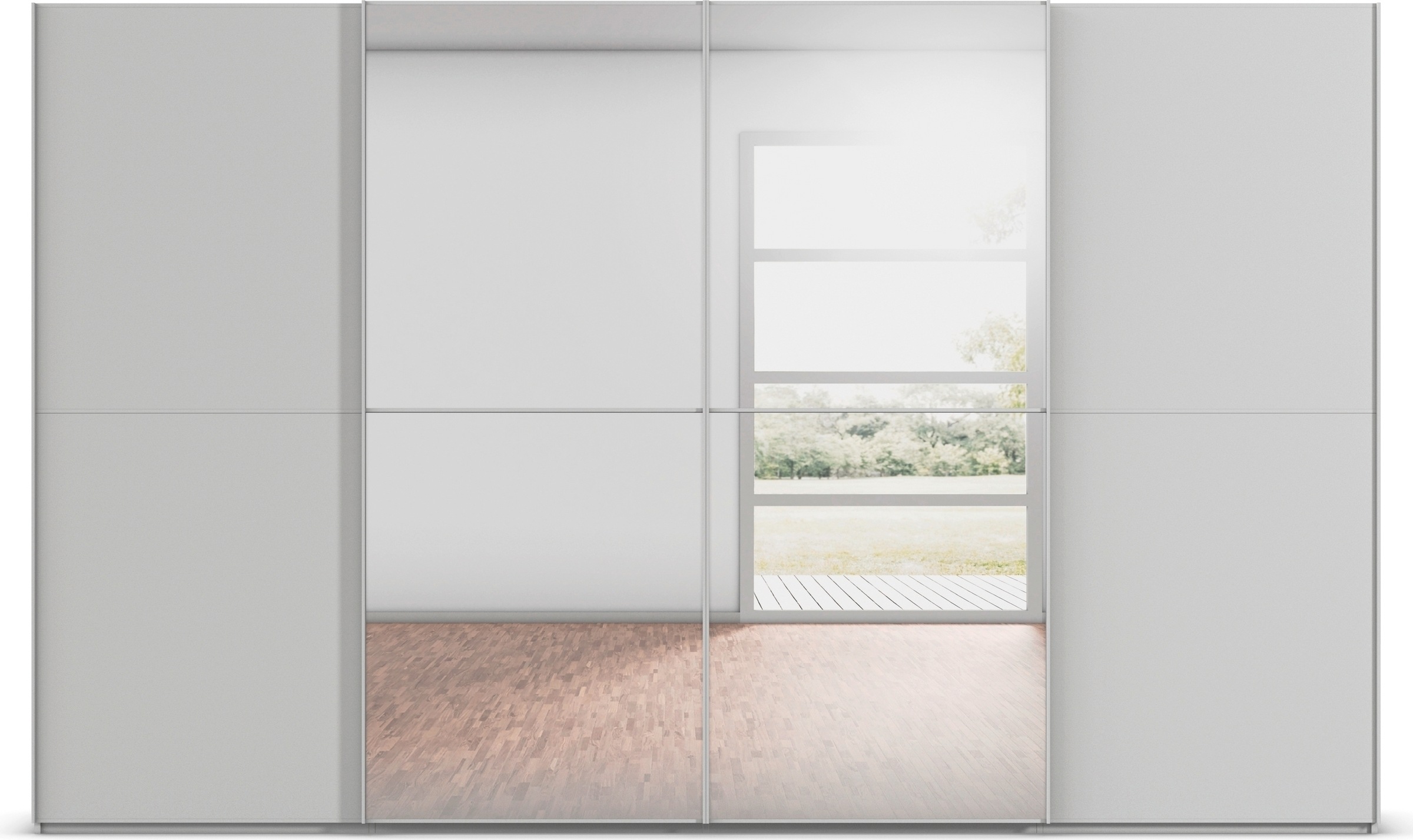 rauch Schwebetürenschrank »Kleiderschrank Schrank Garderobe Schlafzimmerschrank SCALE-DUO«, edle zweigeteilte Türen, Spiegel und 3 Zierleisten MADE IN GERMANY