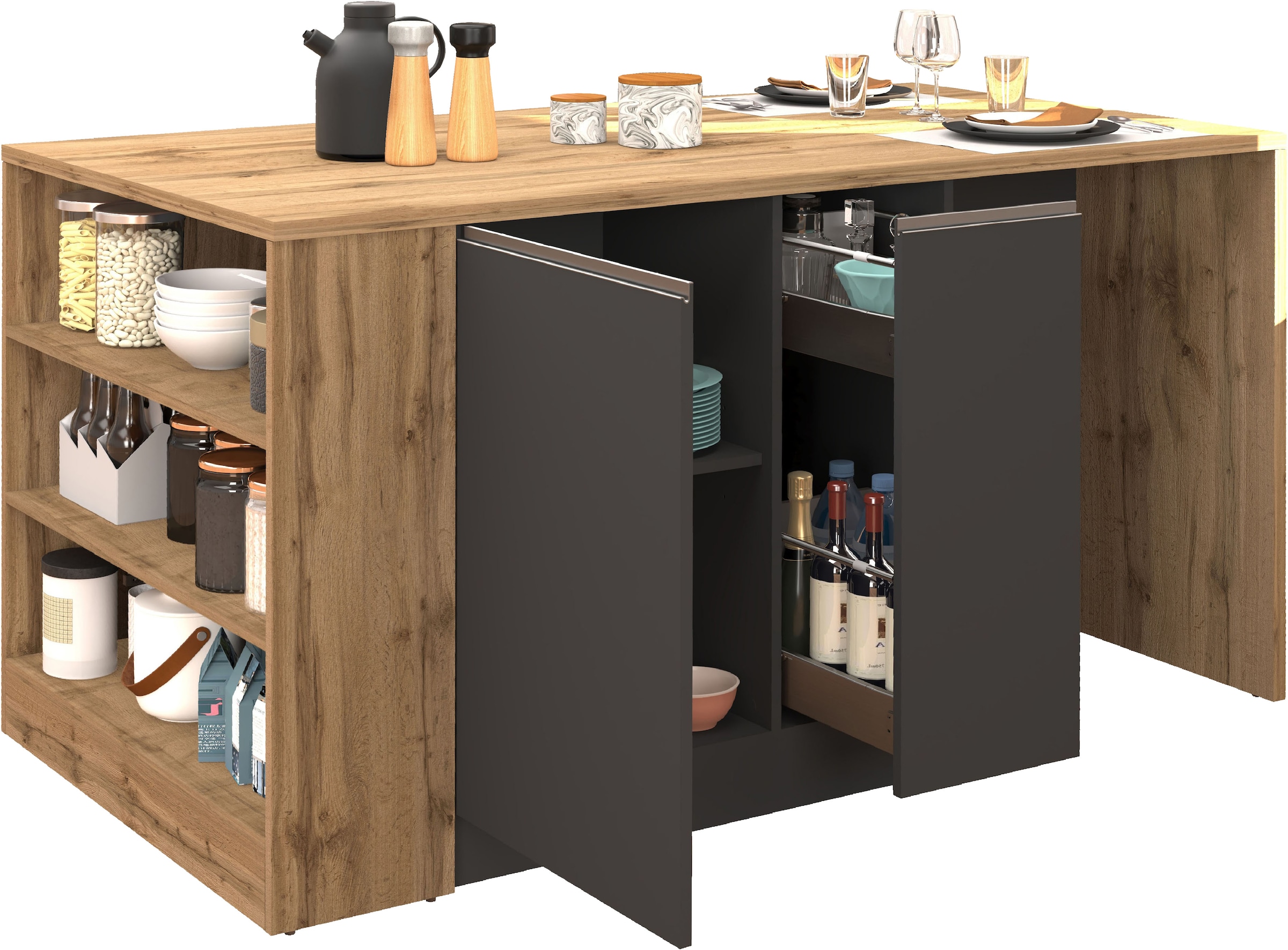 KOCHSTATION Kücheninsel »KS-Sole, Kochinsel, Küchenarbeitsblock, Arbeitsinsel, Made in Italy«, Breite 167,5 cm, 2 Apothekerauszüge, 2 Essplätze, 1 offenes Regal