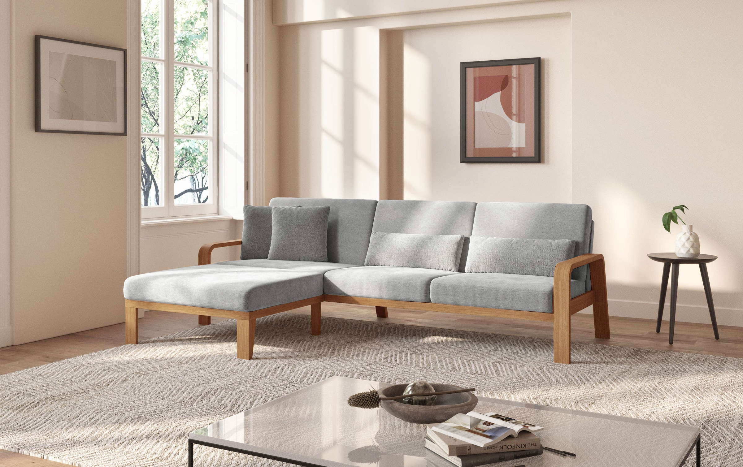 sit&more Ecksofa »Kolding L-Form«, Armlehnen aus eichefarbigem Buchenholz, verschiedene Bezüge und Farben