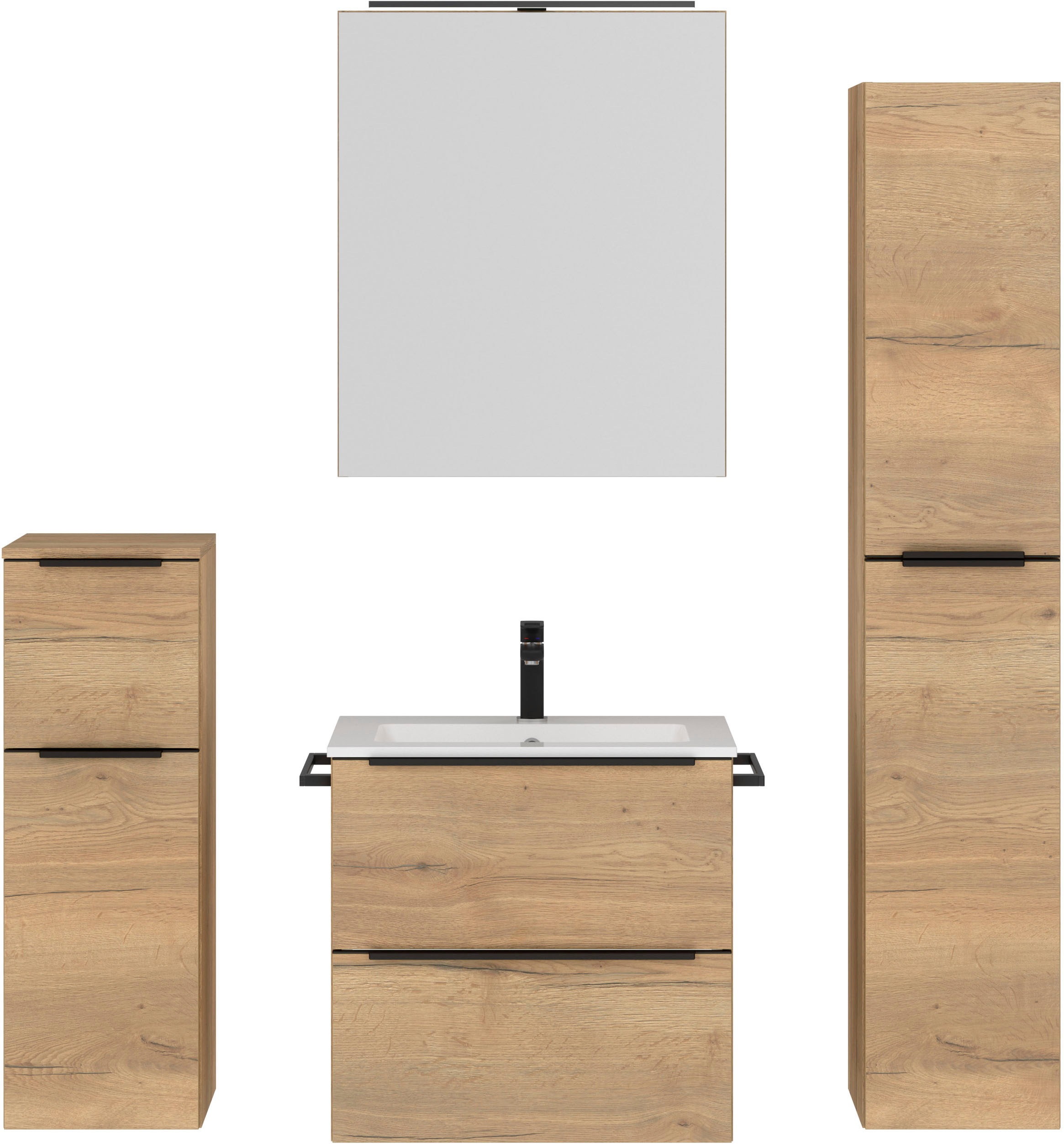 nobilia® Badmöbel-Set »Levere«, (4 St., vormontiert, mit Soft-Close), inkl. Spiegelschrank mit Beleuchtung und Dimmerfunktion, in 4 Breiten