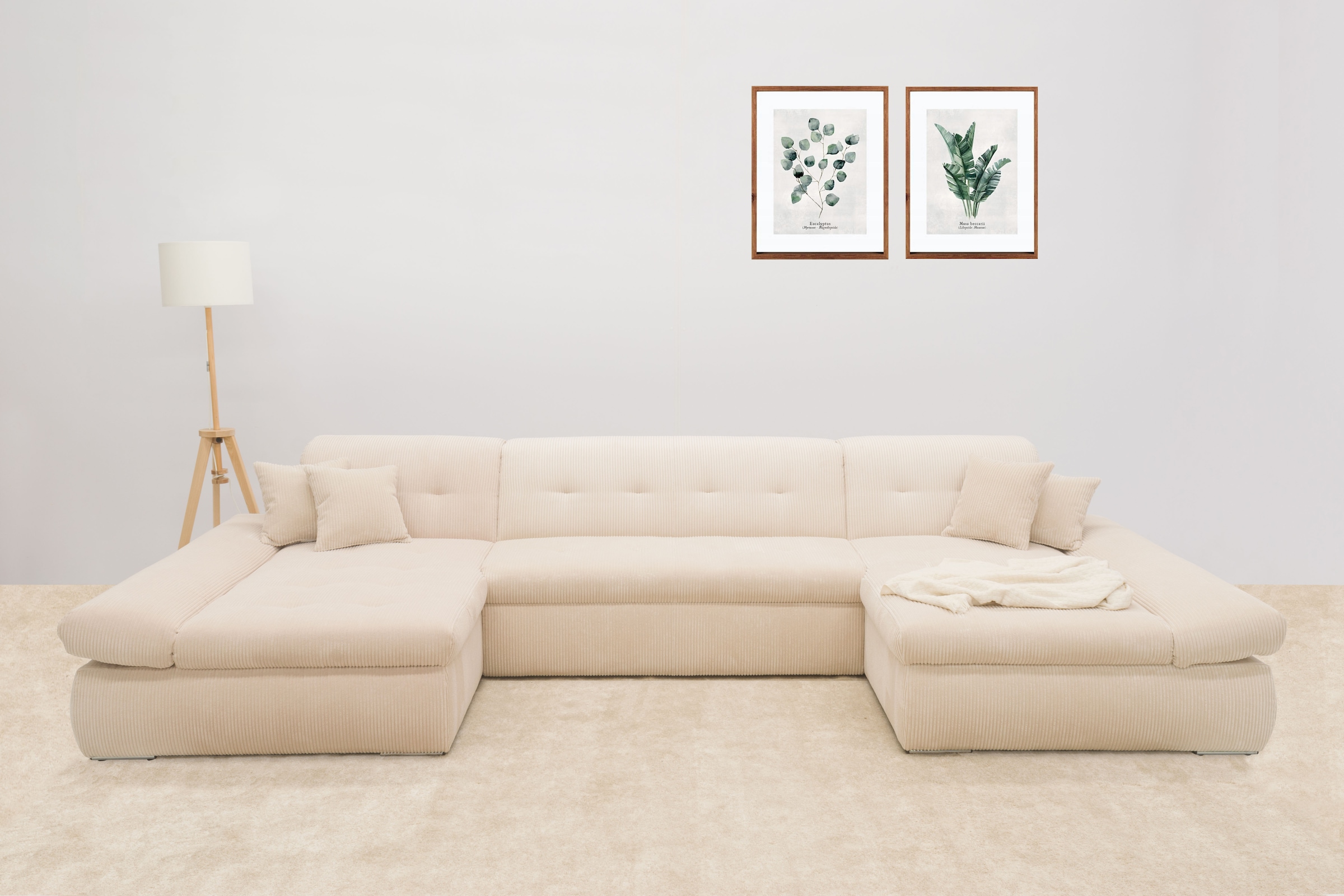 DOMO collection Wohnlandschaft »Moric wahlweise mit Bettfunktion und Armteilverstellung, XXL« U-Form, beidseitig mit Recamiere, incl. Zierkissen, Cord-Bezug