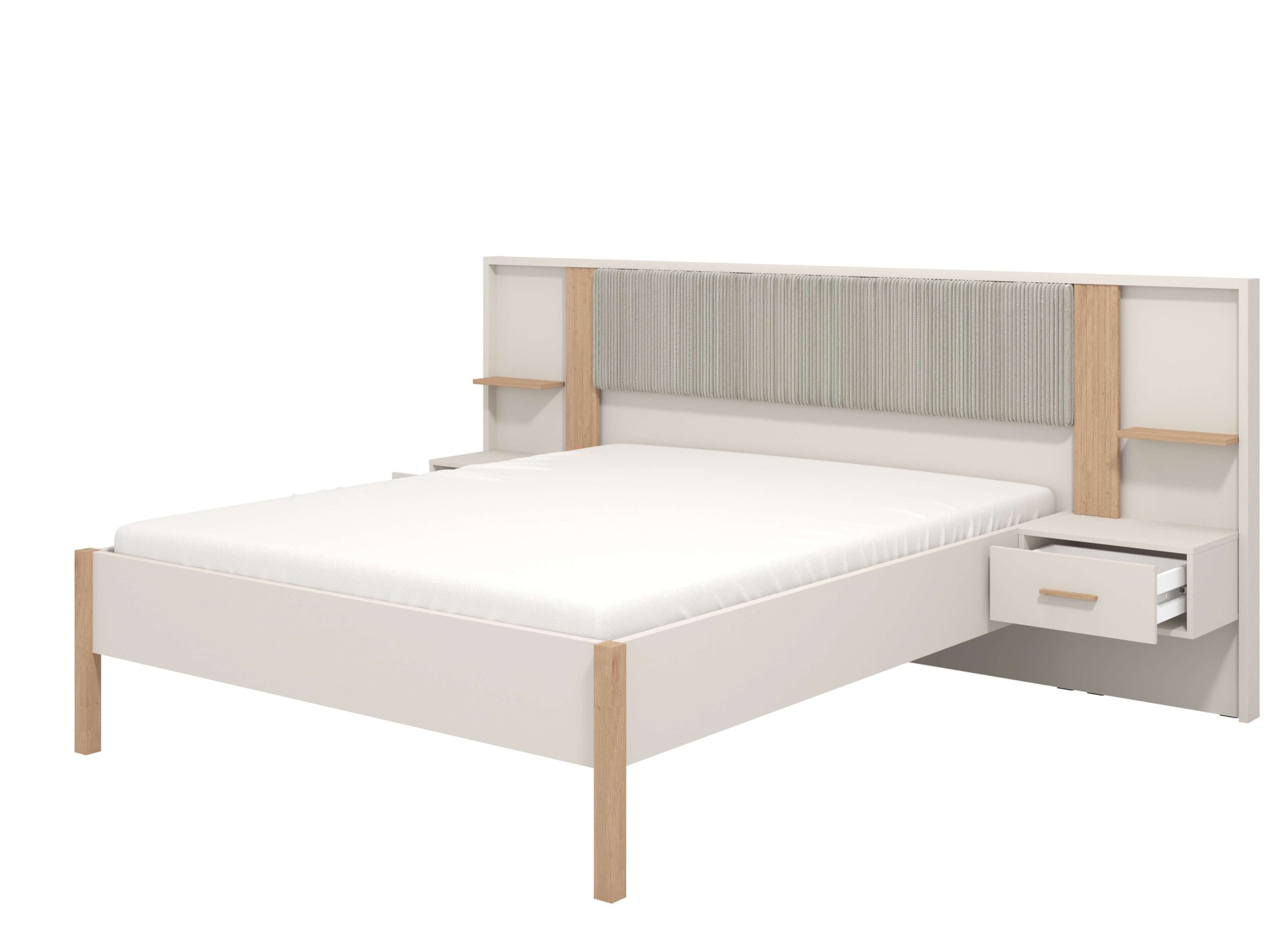 Home affaire Bett »Belfort Bettanlage, mit gepolstertem Kopfteil, weicher Cordstoff«, (Set, 3 tlg., Bett und 2 Wandpaneele mit Nachtkommoden), Liegefläche 160x200cm, FSC®-zertifizierter Holzwerkstoff