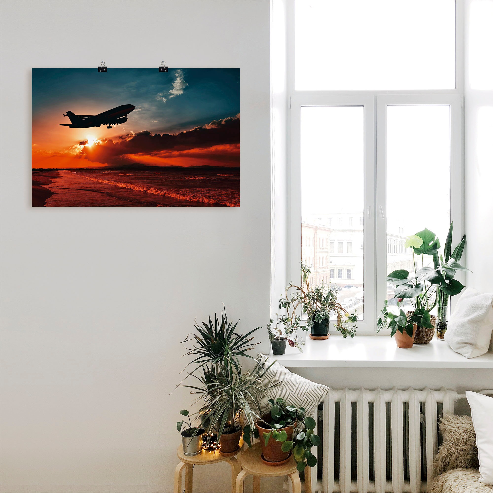Artland Poster »Startendes Linienflugzeug am Abendhimmel«, Flugzeuge & Helikopter, (1 St.), als Alubild, Leinwandbild, Wandaufkleber oder Poster in versch. Größen