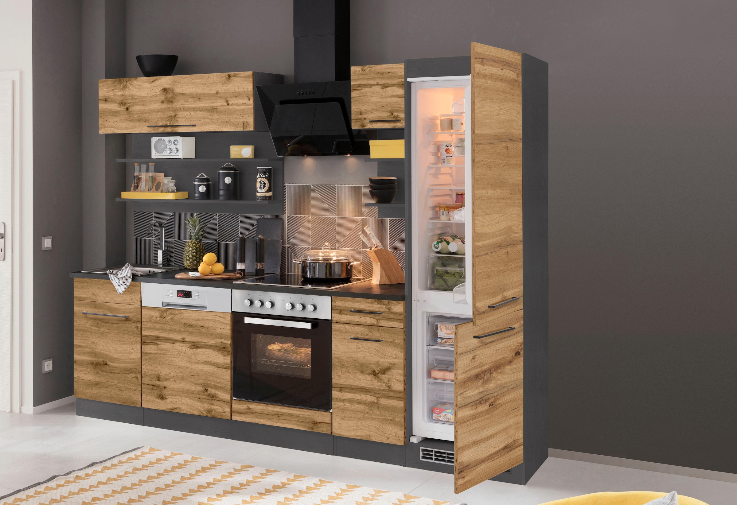 KOCHSTATION Küchenzeile »KS-Tulsa«, mit E-Geräten, Breite 270 cm, schwarze Metallgriffe, MDF Fronten