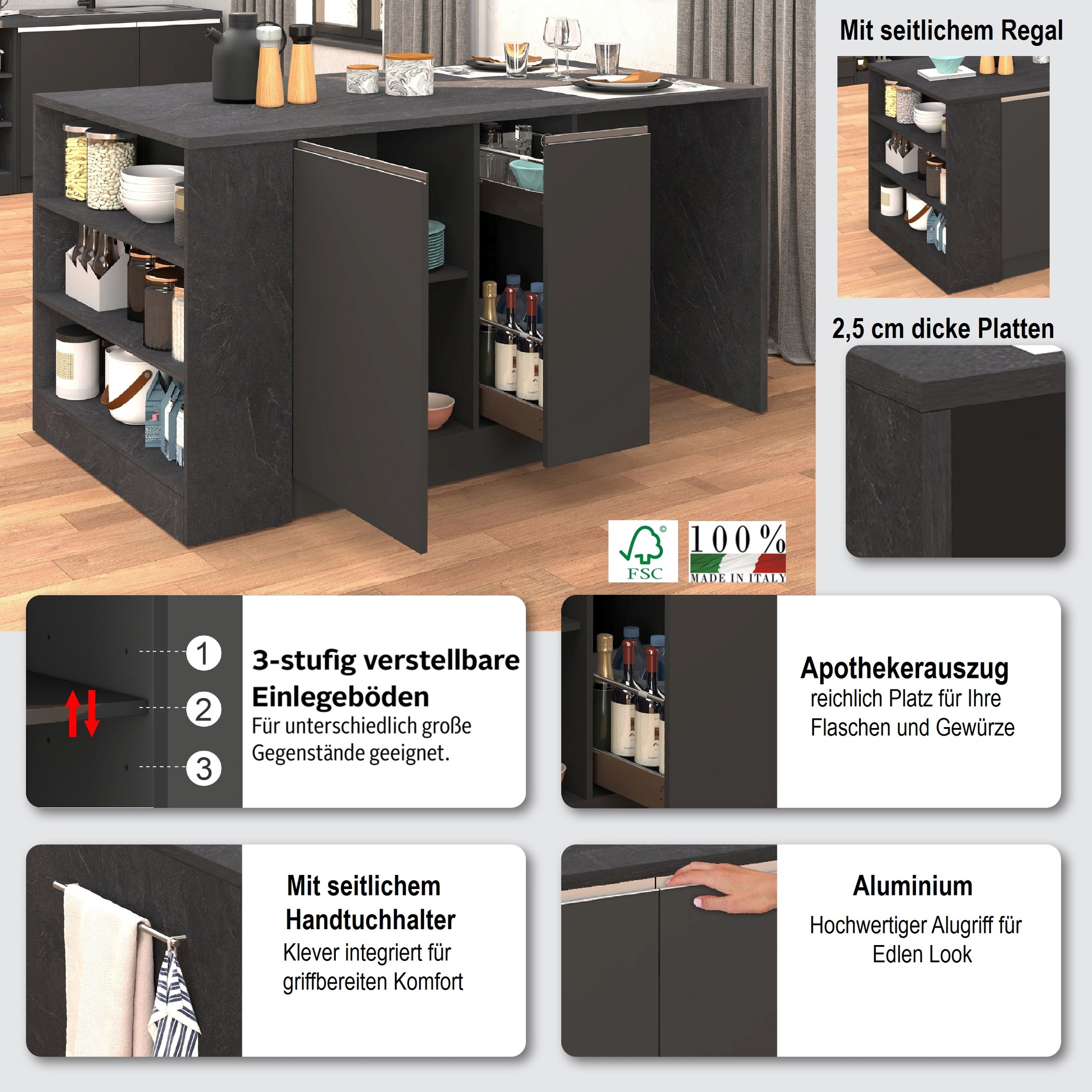 KOCHSTATION Kücheninsel »KS-Sole, Kochinsel, Küchenarbeitsblock, Arbeitsinsel, Made in Italy«, Breite 167,5 cm, 2 Apothekerauszüge, 2 Essplätze, 1 offenes Regal