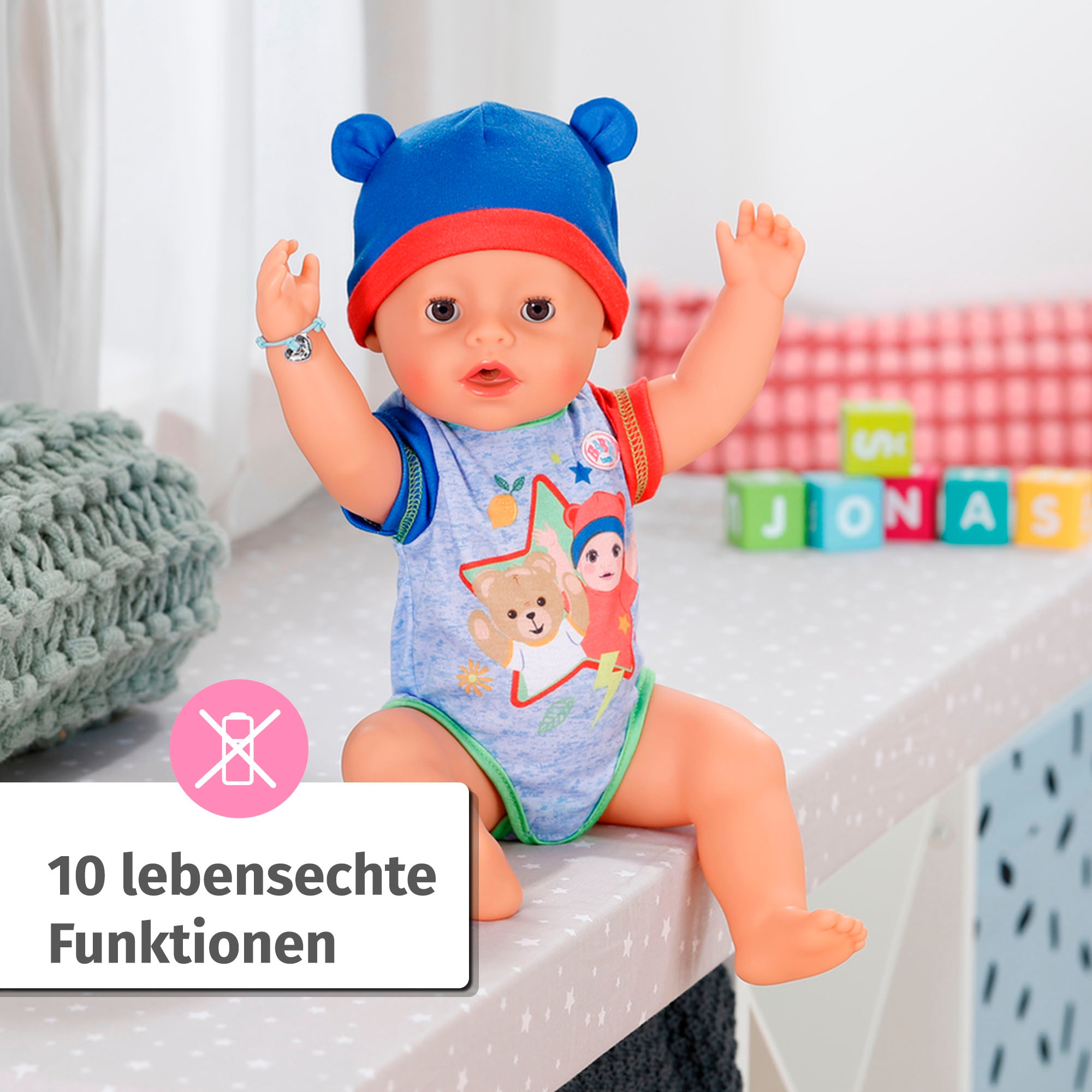 Baby Born Babypuppe »Jonas, 43 cm«, (Set, 11 tlg.), mit 10 lebensechten Funktionen