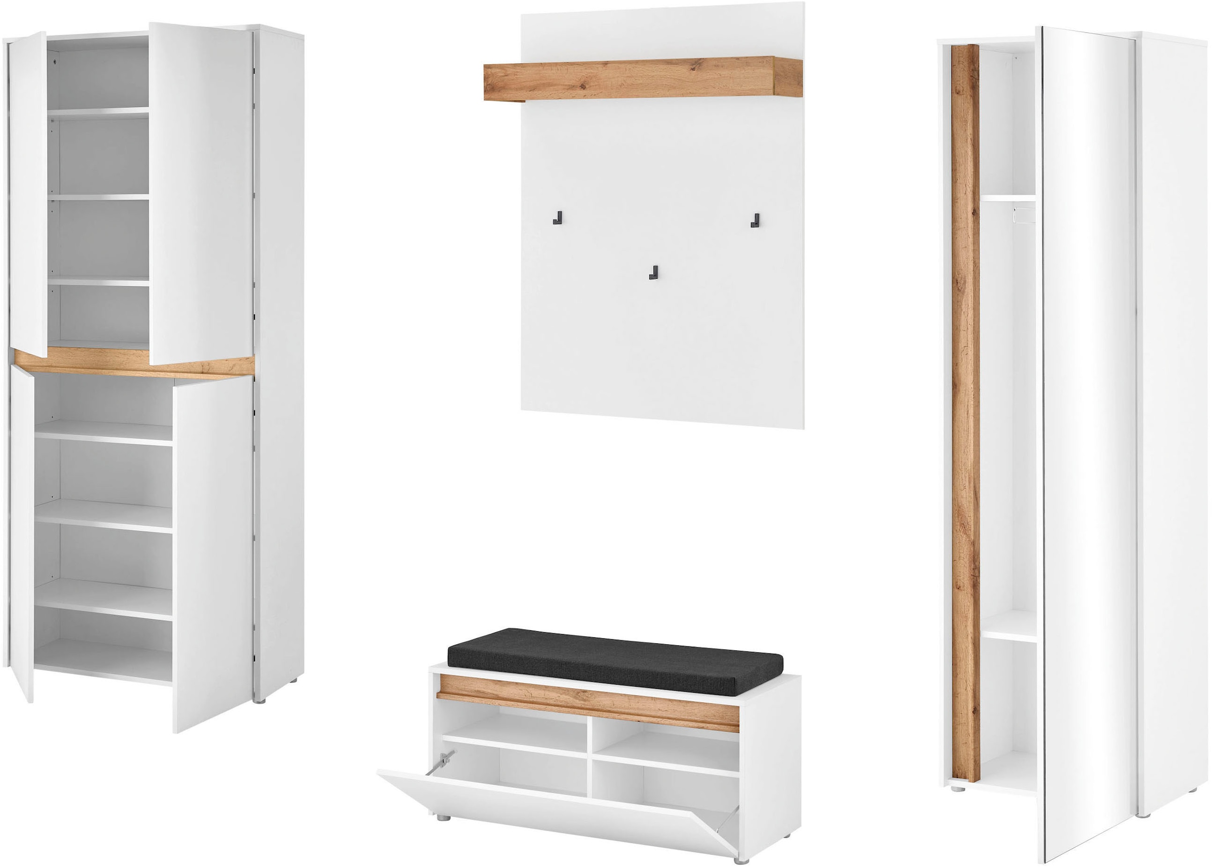 INOSIGN Garderoben-Set »City/Giron, moderne Garderobe, viel Stauraum, ca. 40 Schuhe«, (Set, 4 St.), enthält Schrank mit Spiegel, Schuhschrank, Paneel &Bank inkl. Kissen