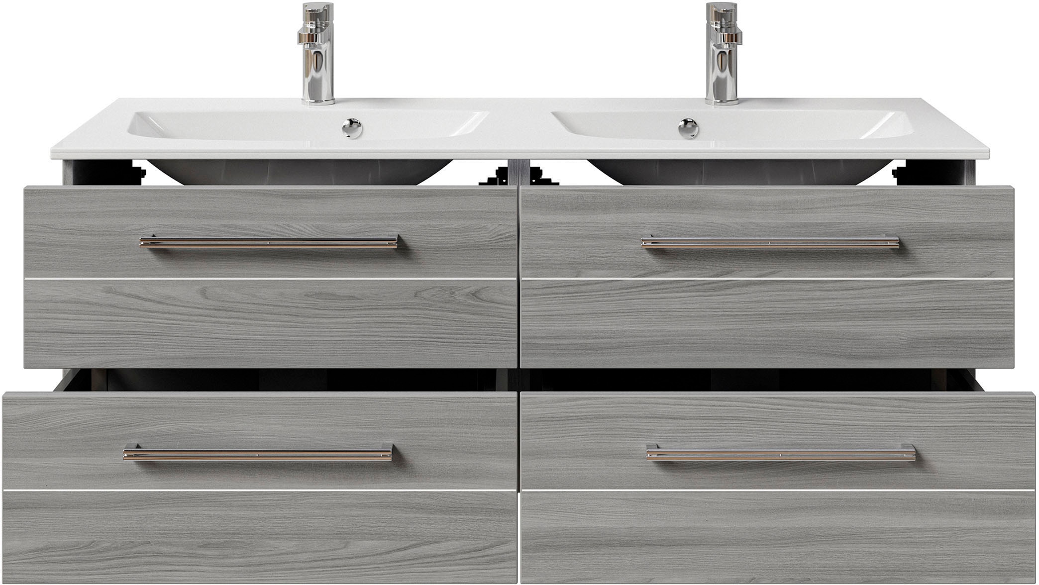 Saphir Badmöbel-Set »Serie 6025 2-teilig Mineralmarmor-Waschtisch mit LED-Spiegelschrank«, (2 St.), Waschplatz 132cm breit, 4 Schubladen, 2 Spiegel-Türen, inkl Türdämpfer