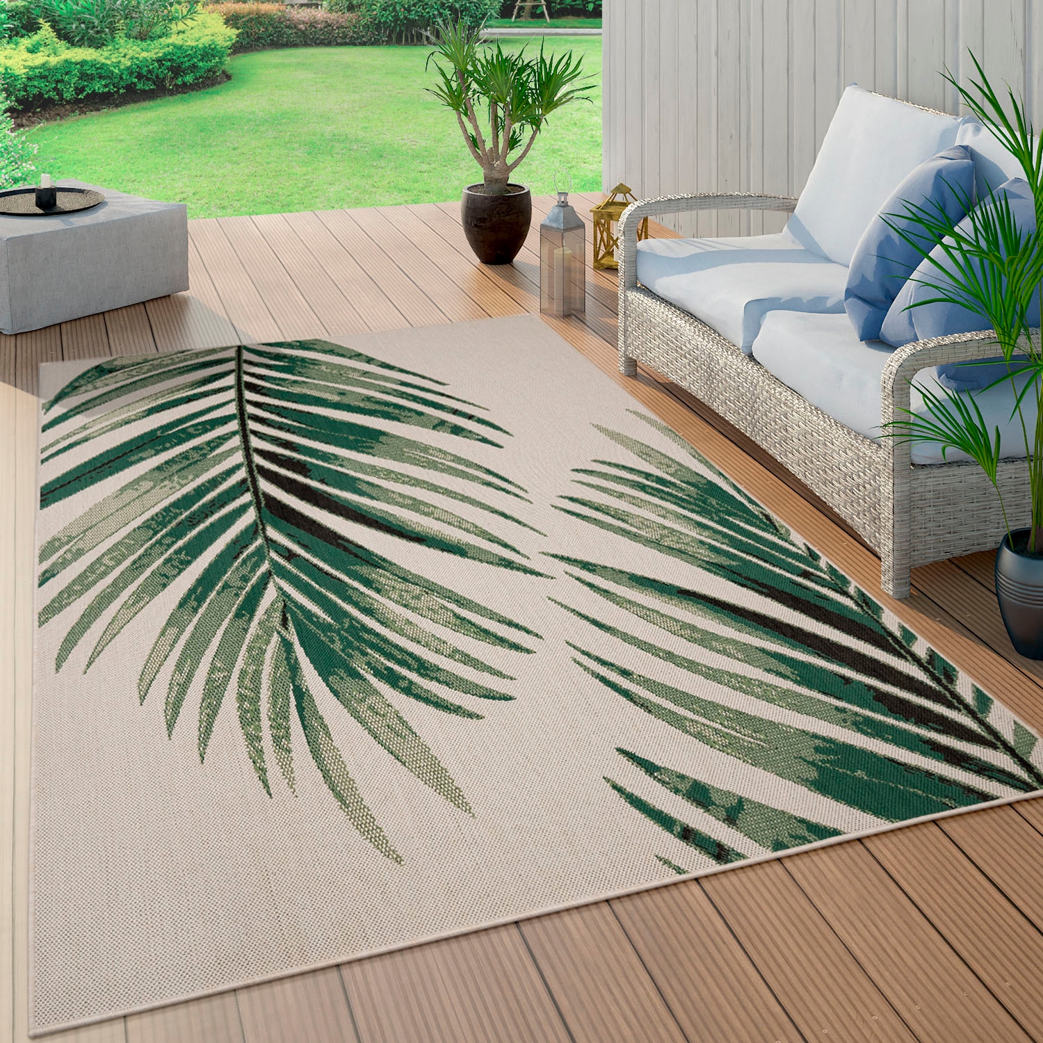 Motiv bestellen rechteckig, In- Wohnzimmer Outdoor geeignet, Paco 554«, Teppich Palmenblätter, »Ostende Flachgewebe, und schnell Home und bequem