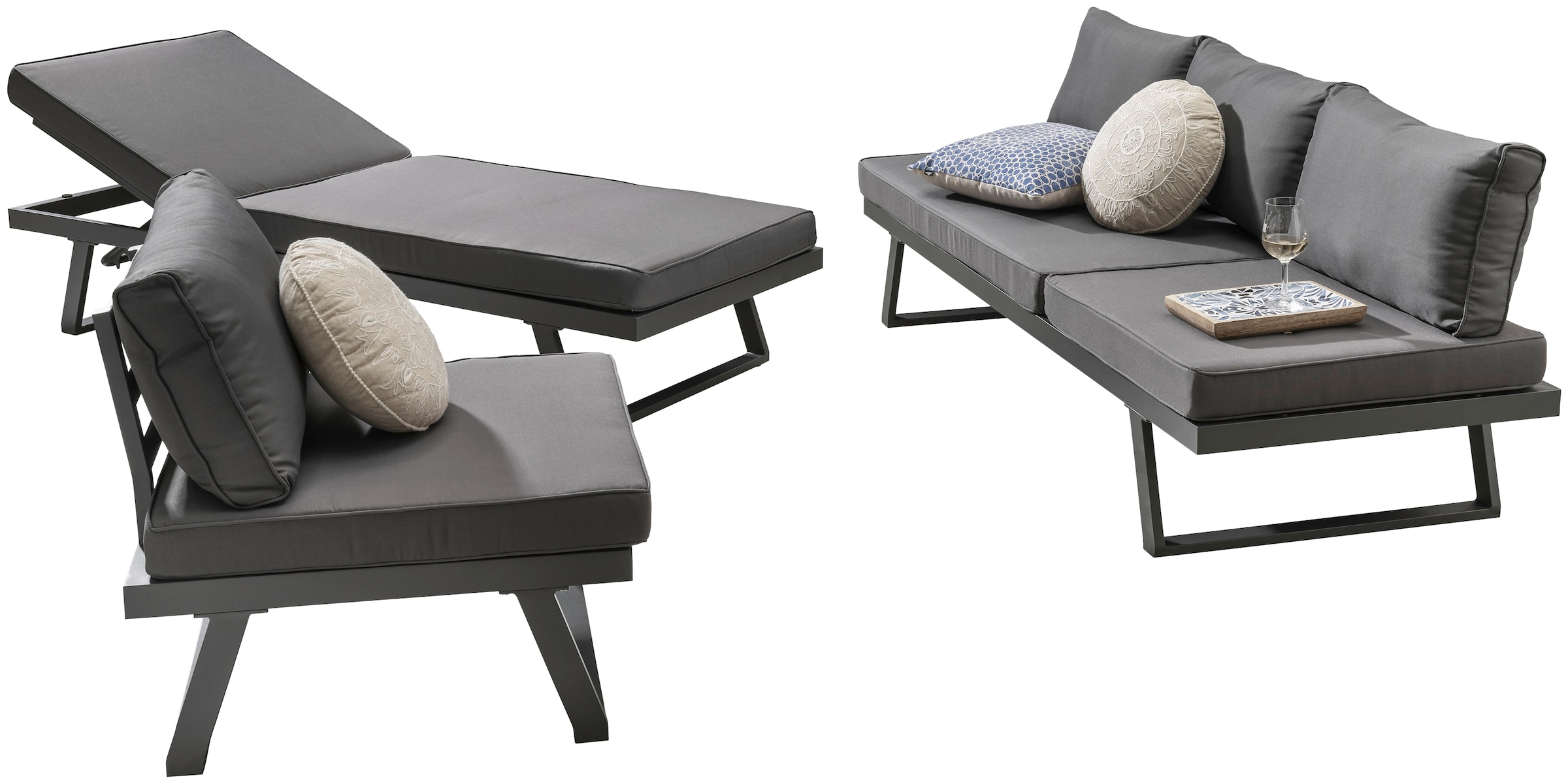 Destiny Gartenlounge-Set »MANHATTAN«, (13 tlg., 2x Schenkel, 1x Hocker, inkl. Auflagen), Aluminium, Textilene
